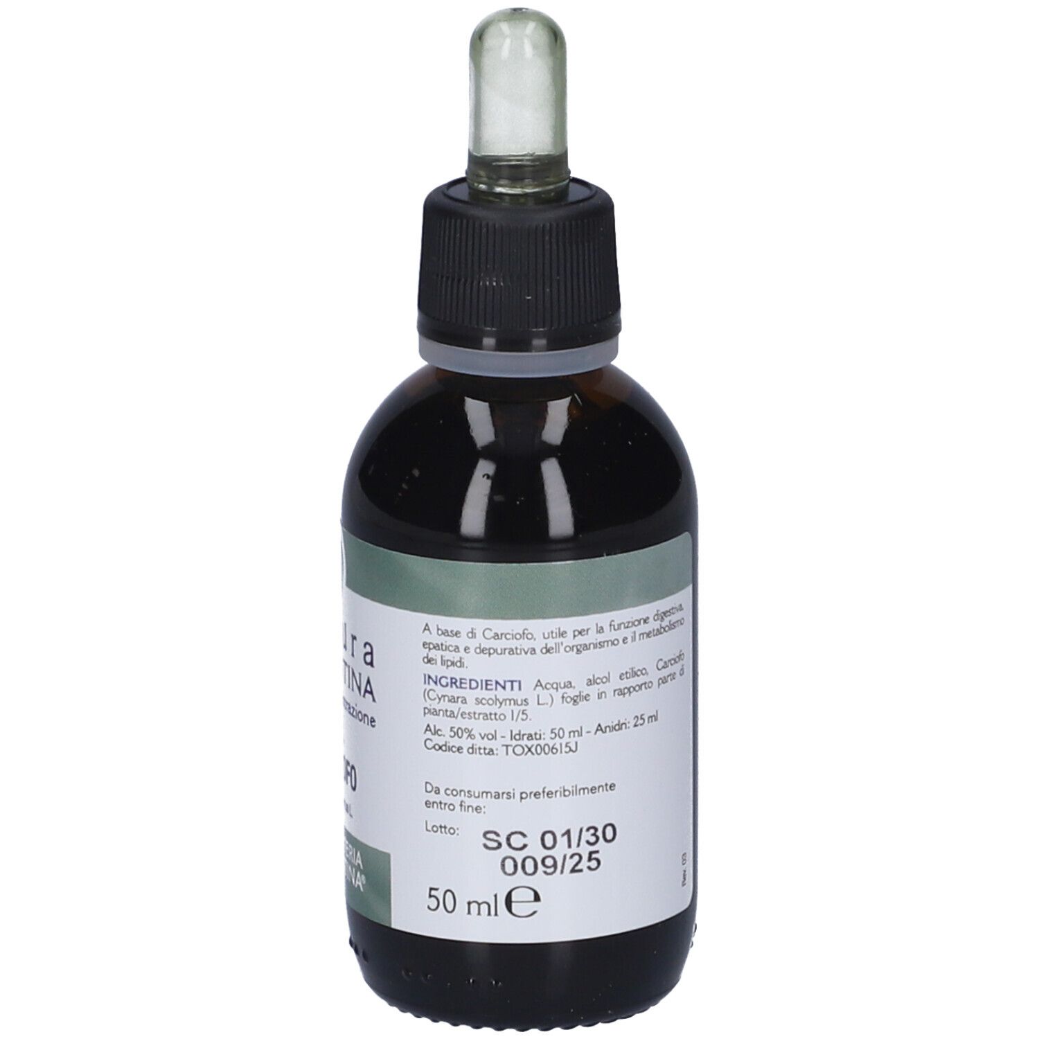 Flacone di vetro marrone con contagocce. Etichetta con testo e ingredienti. Logo verde.