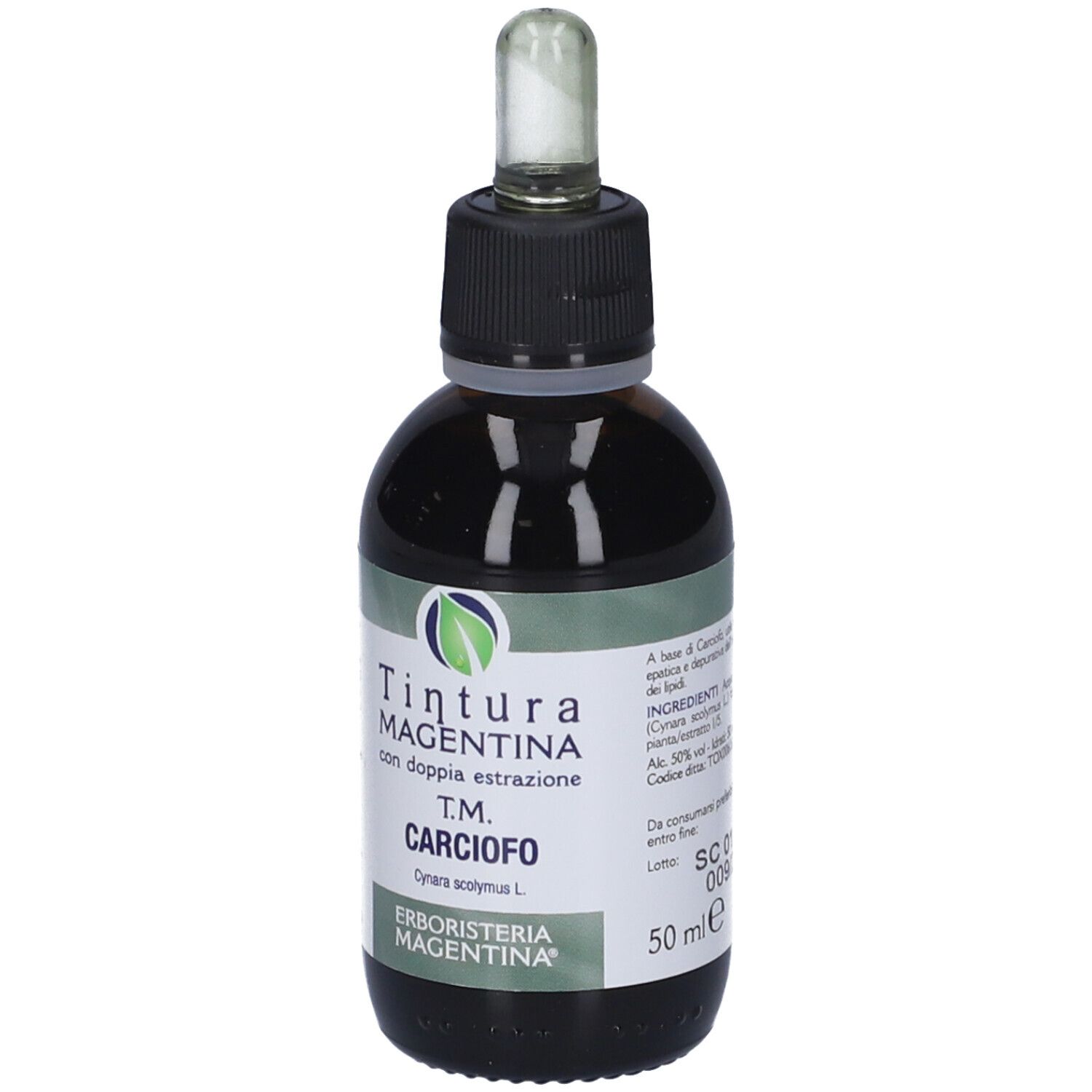 Flacone di vetro marrone con contagocce. Etichetta con testo: Carciofo, TM, Tintura Magentina. Logo verde.