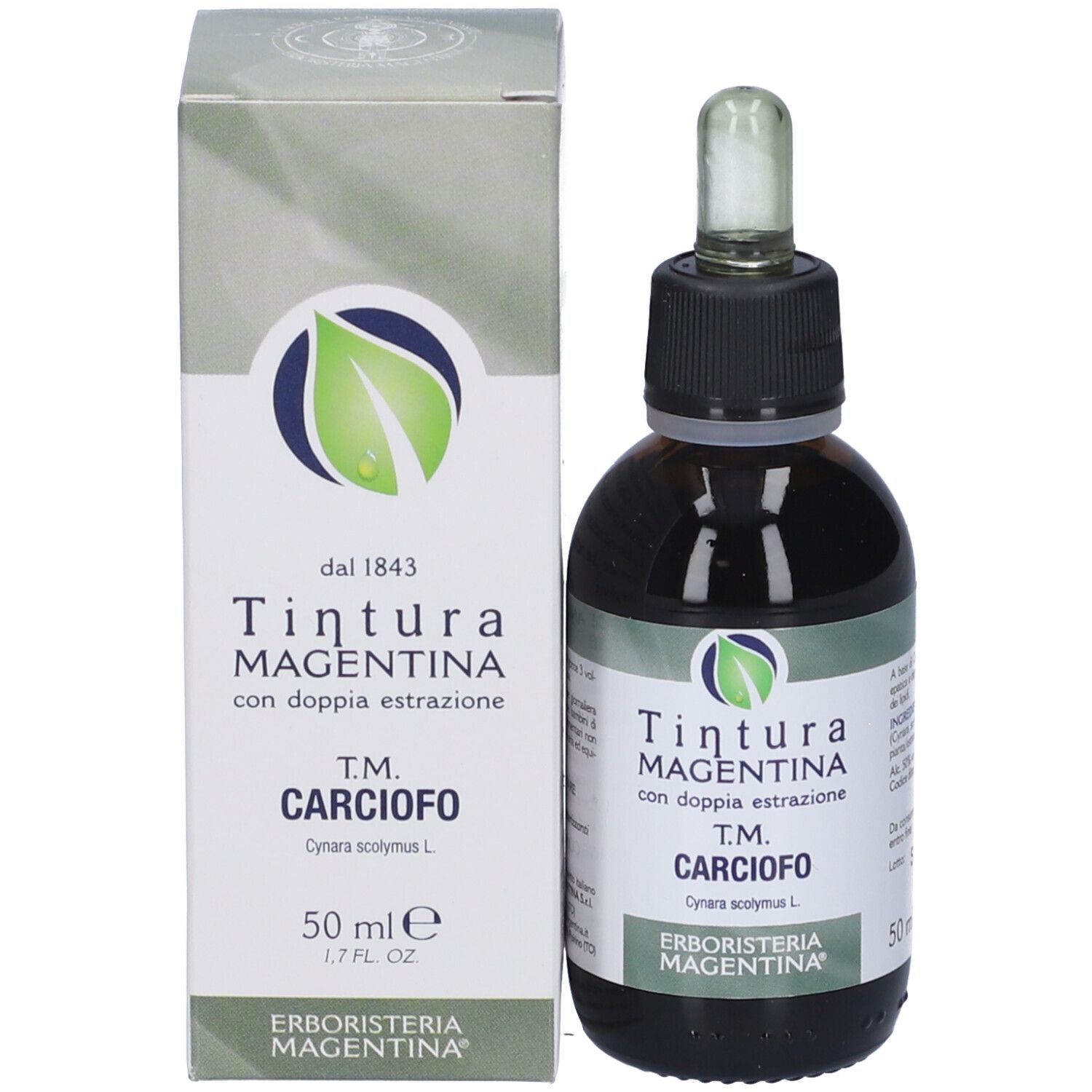 Flacone di vetro marrone con contagocce e confezione in cartone. Testo: Carciofo, TM, Tintura Magentina. Logo verde.