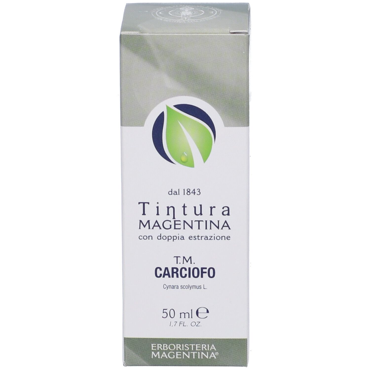 Confezione in cartone. Testo: Carciofo, TM, Tintura Magentina. Logo verde. Scritta: dal 1843.