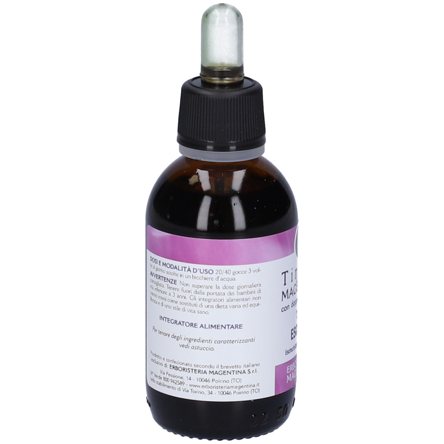 Flacone di vetro marrone con tappo nero e contagocce. Etichetta con informazioni sul prodotto. Etichetta rosa e bianca.