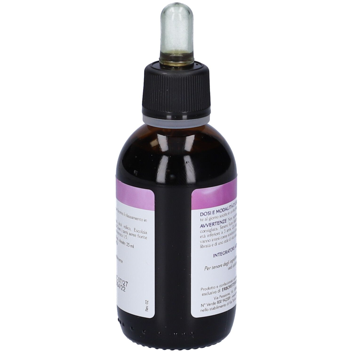 Flacone di vetro marrone con tappo nero e contagocce. Etichetta con informazioni sul prodotto. Etichetta rosa e bianca.