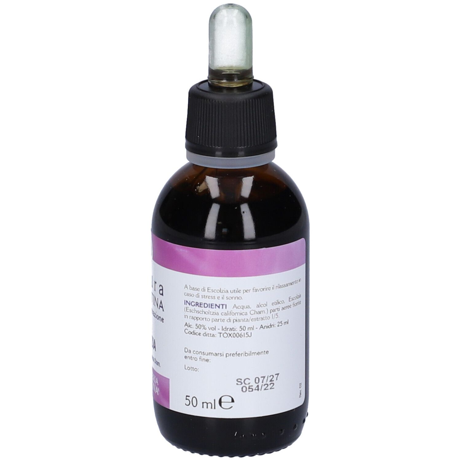 Flacone di vetro marrone con tappo nero e contagocce. Etichetta con informazioni sul prodotto. Etichetta rosa e bianca.