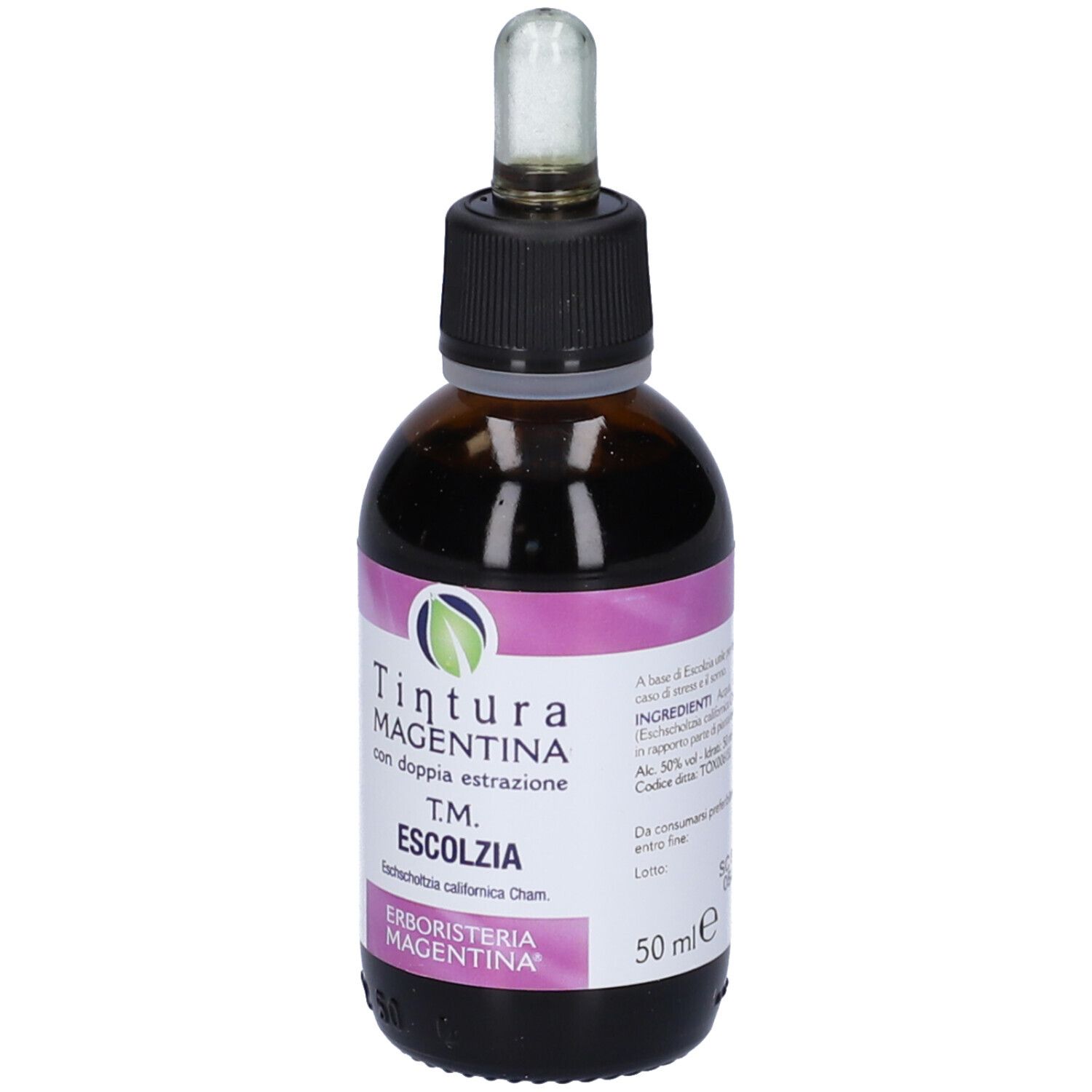 Flacone di vetro marrone con tappo nero e contagocce. Etichetta con nome del prodotto e ingredienti. Etichetta rosa e bianca.