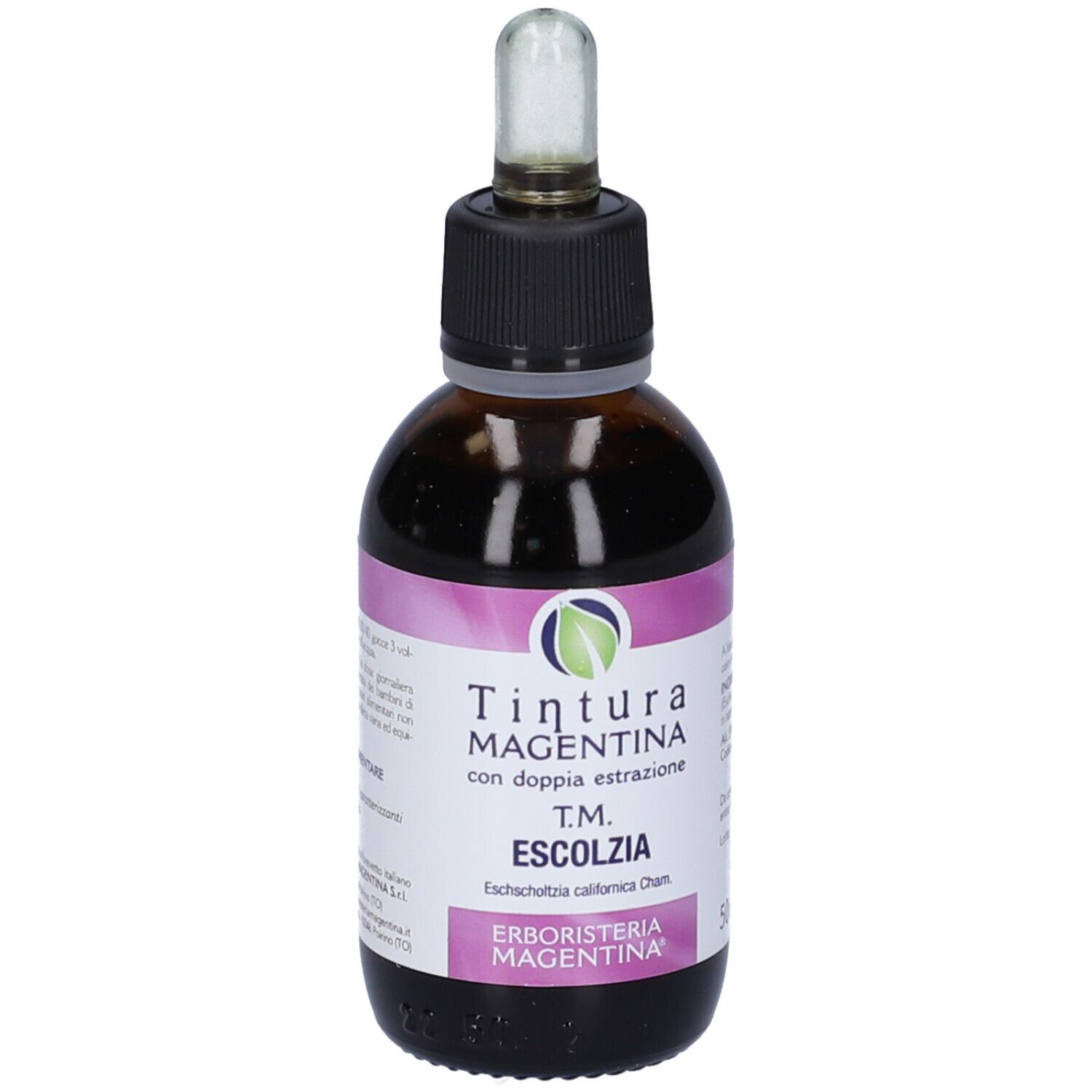 Flacone di vetro marrone con tappo nero e contagocce. Etichetta con nome del prodotto e ingredienti. Etichetta rosa e bianca.