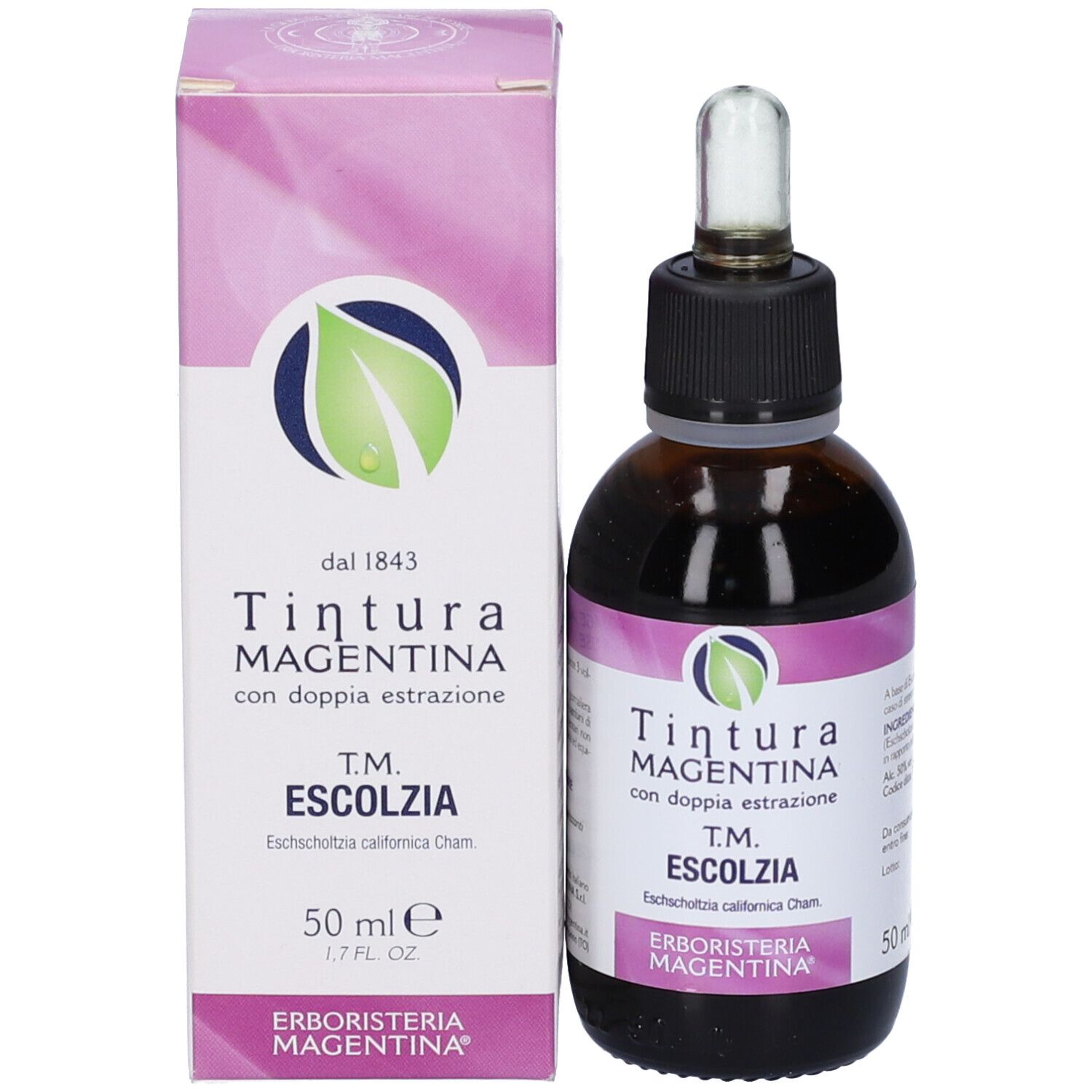 Flacone di vetro marrone con tappo nero e contagocce, accanto a una scatola rosa e bianca. Nome del prodotto e logo.