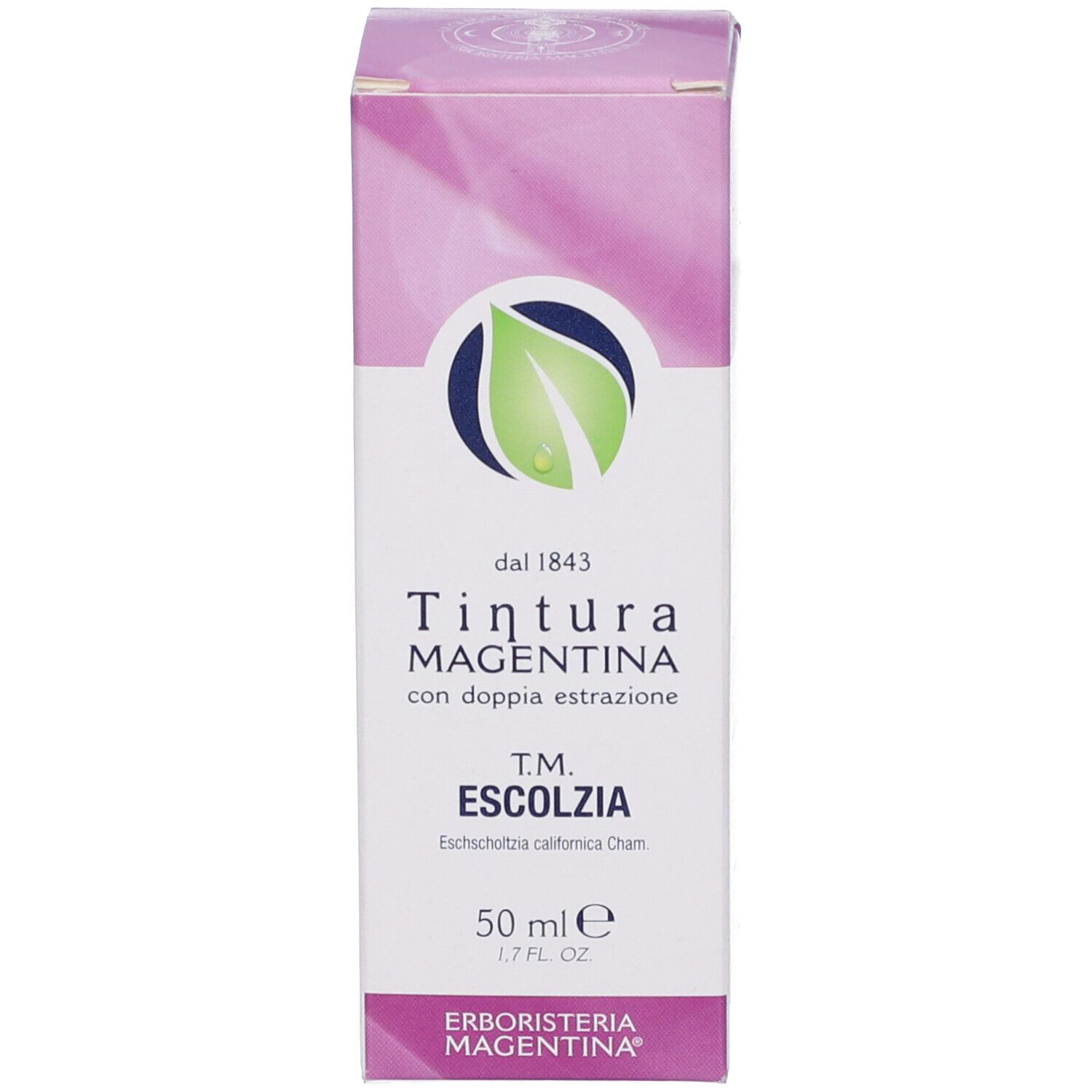 Scatola rosa e bianca con nome del prodotto e logo. Contiene un flacone di vetro marrone con tappo nero e contagocce.