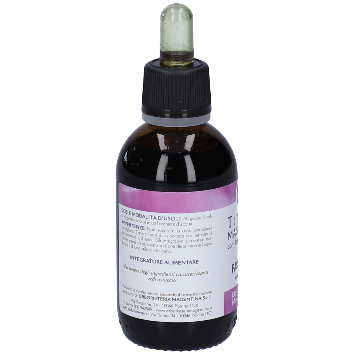 Vista posteriore di un flacone di vetro marrone con tappo nero e contagocce. Etichetta con testo. Contenuto visibile.