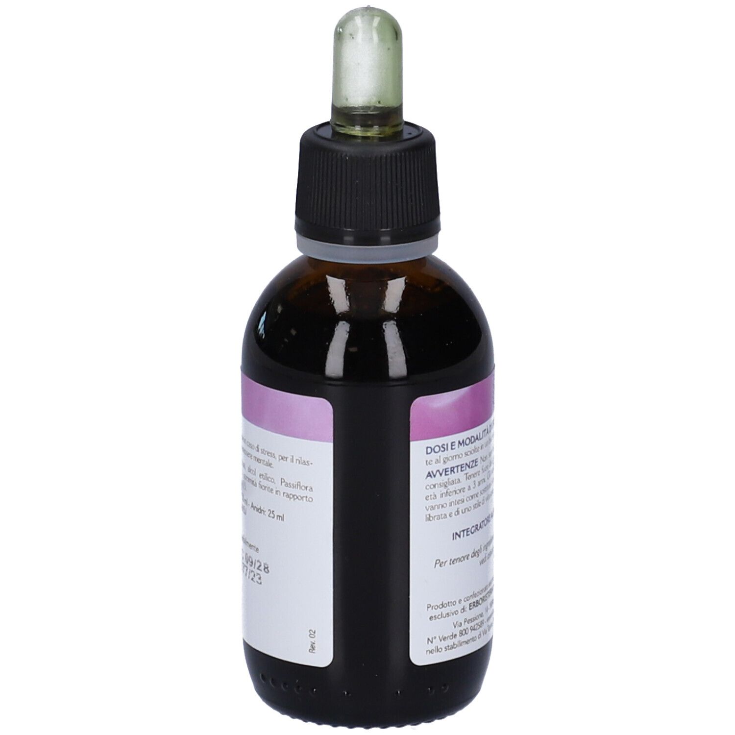 Vista laterale di un flacone di vetro marrone con tappo nero e contagocce. Etichetta con testo. Contenuto visibile.