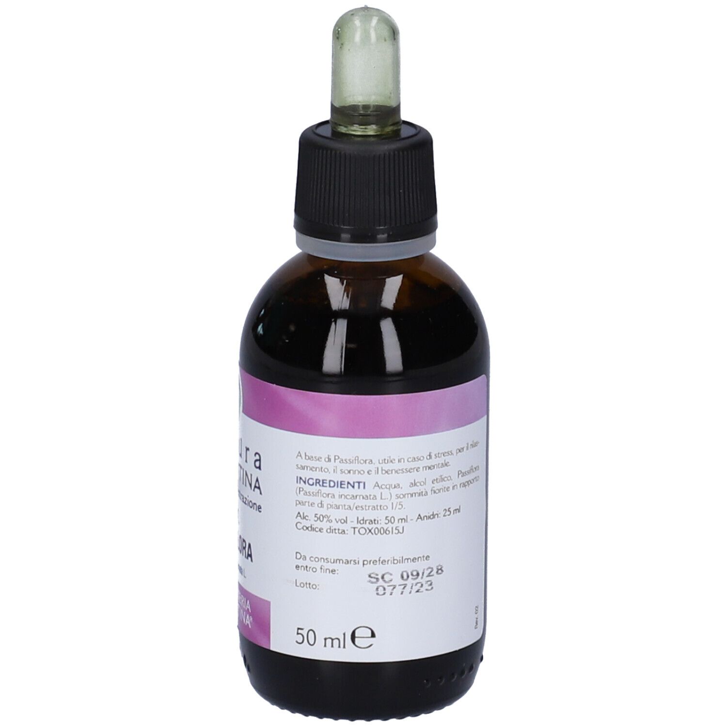 Flacone di vetro marrone con tappo nero e contagocce. Etichetta con informazioni sul prodotto e data di scadenza. Contenuto visibile.