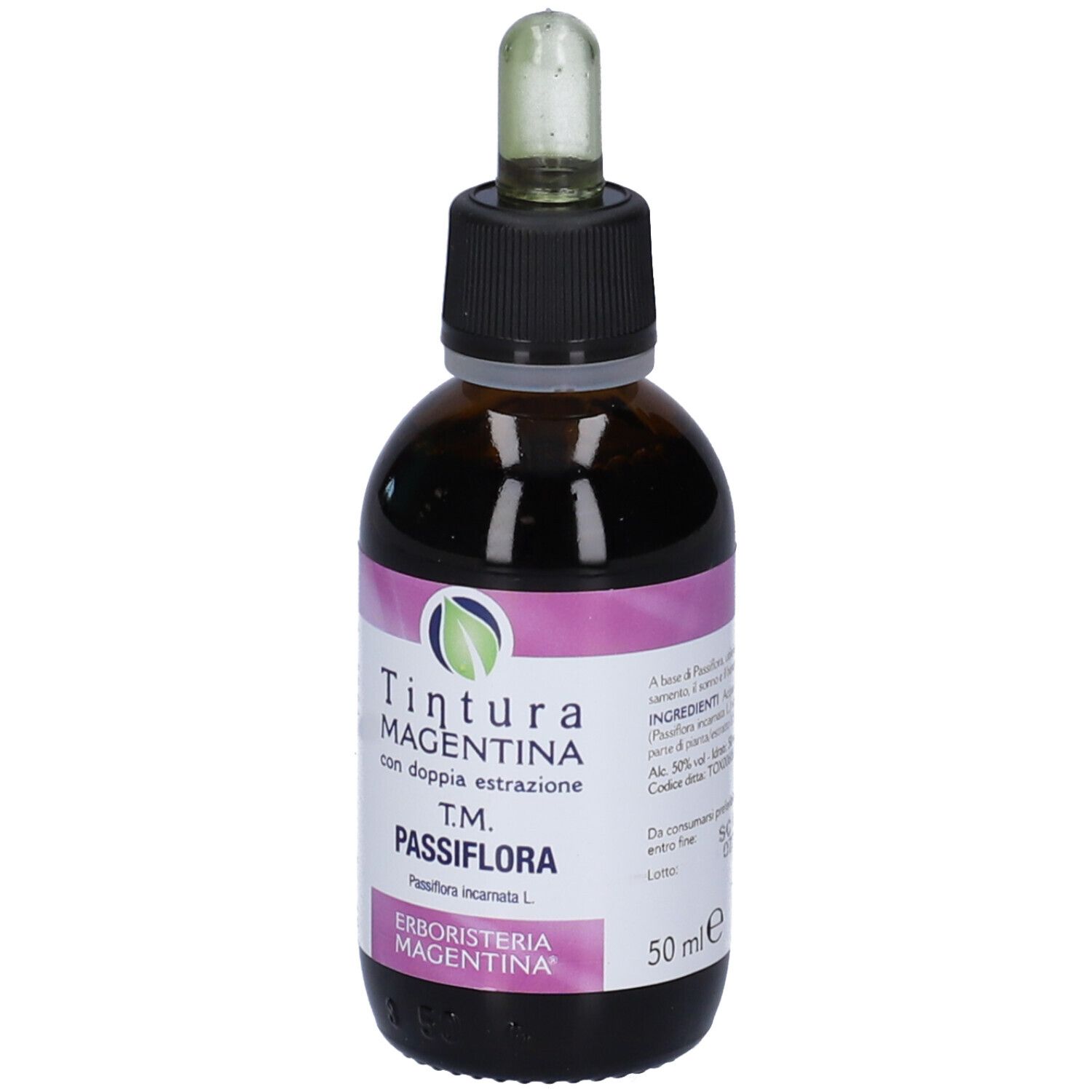 Flacone di vetro marrone con tappo nero e contagocce. Etichetta con nome del prodotto, logo e ingredienti. Contenuto visibile.