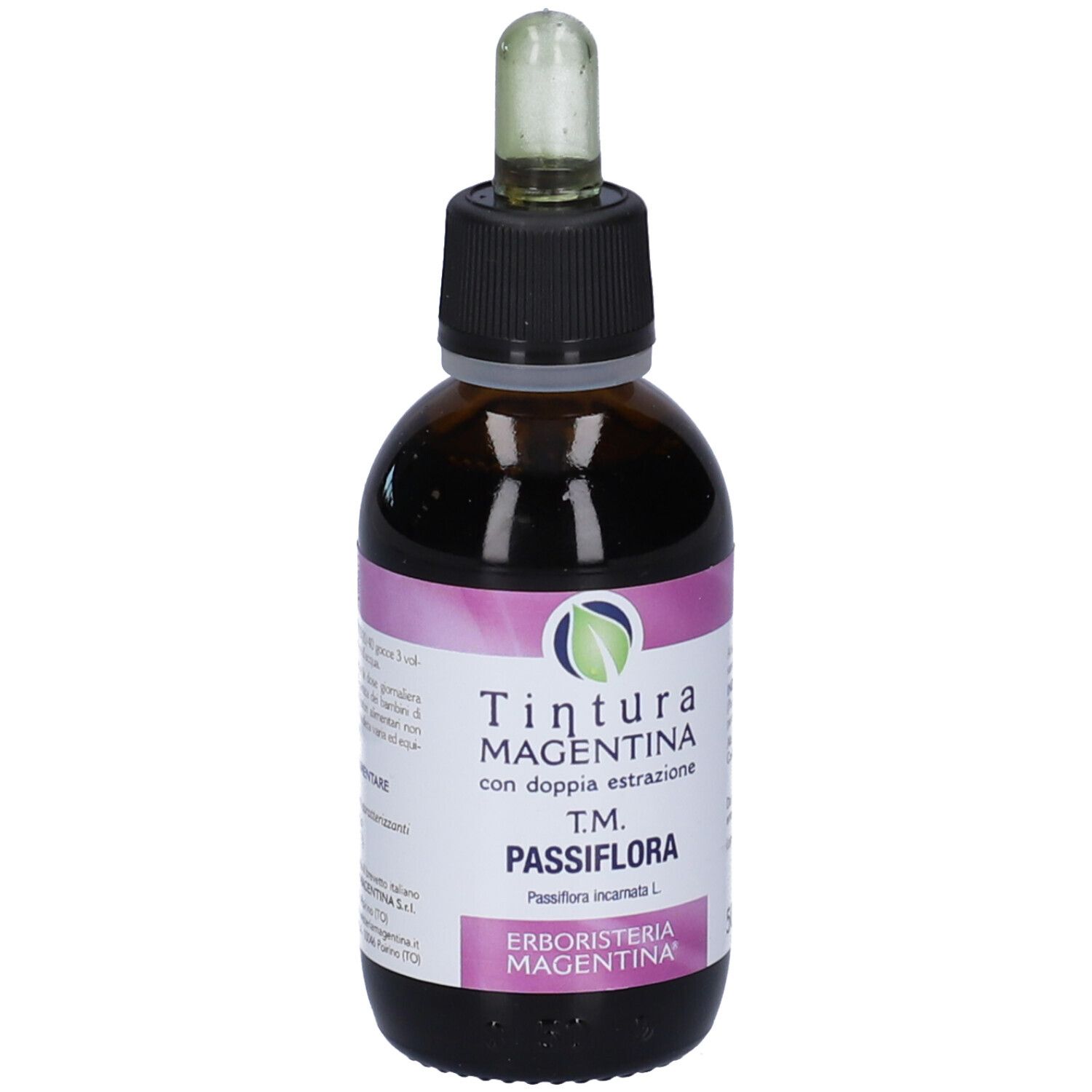 Flacone di vetro marrone con tappo nero e contagocce. Etichetta con nome del prodotto e logo. Contenuto visibile.