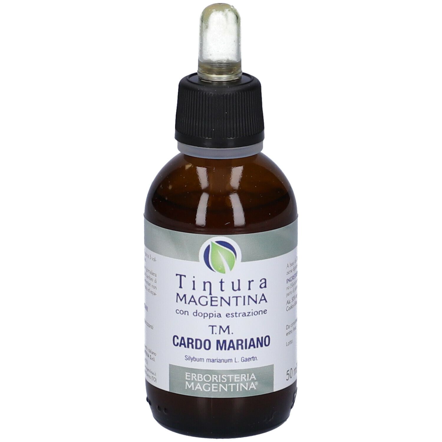 Flacone di vetro marrone con tappo nero e pipetta. Etichetta con testo. Nome prodotto: Cardo Mariano Tint Magen.