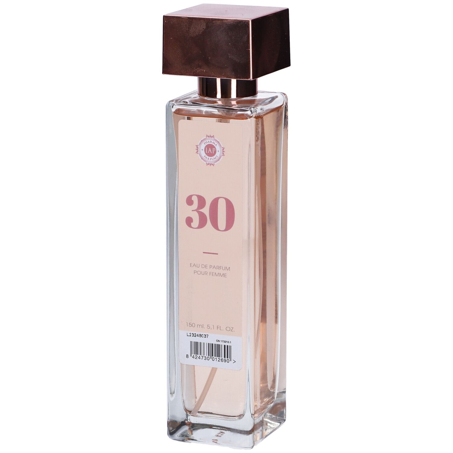 Flacone rettangolare con liquido rosa. Etichetta "30". Tappo marrone. Testo: Eau de Parfum Pour Femme.