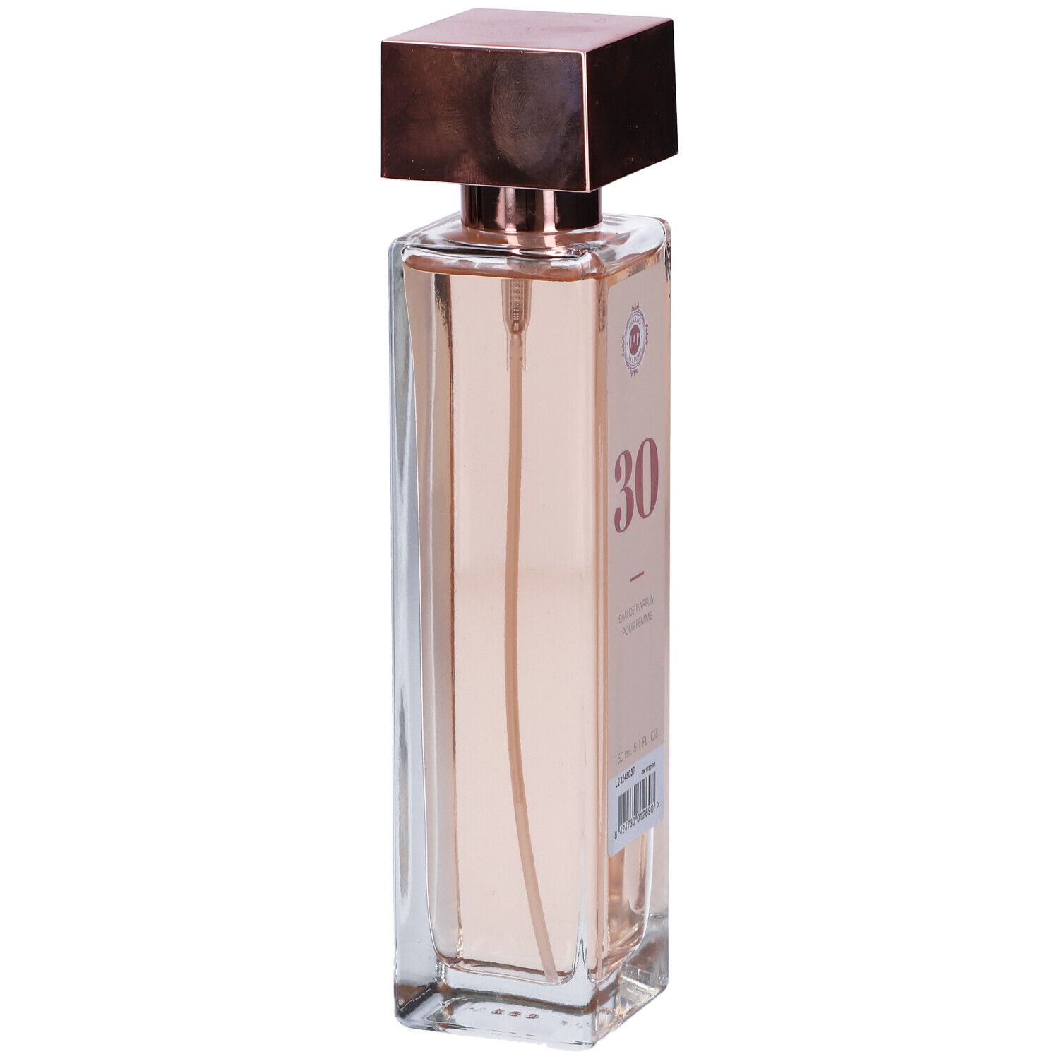 Flacone rettangolare con liquido rosa. Etichetta "30". Tappo marrone. Testo: Eau de Parfum Pour Femme.
