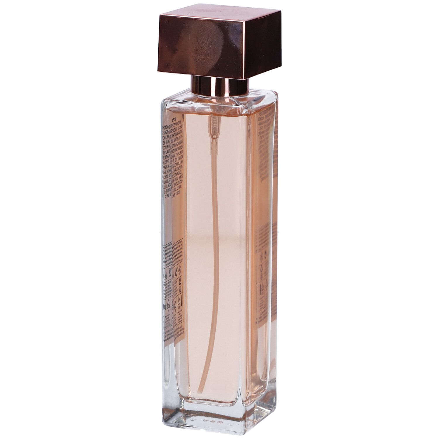 Flacone rettangolare con liquido rosa. Etichetta "30". Tappo marrone. Testo: Eau de Parfum Pour Femme.