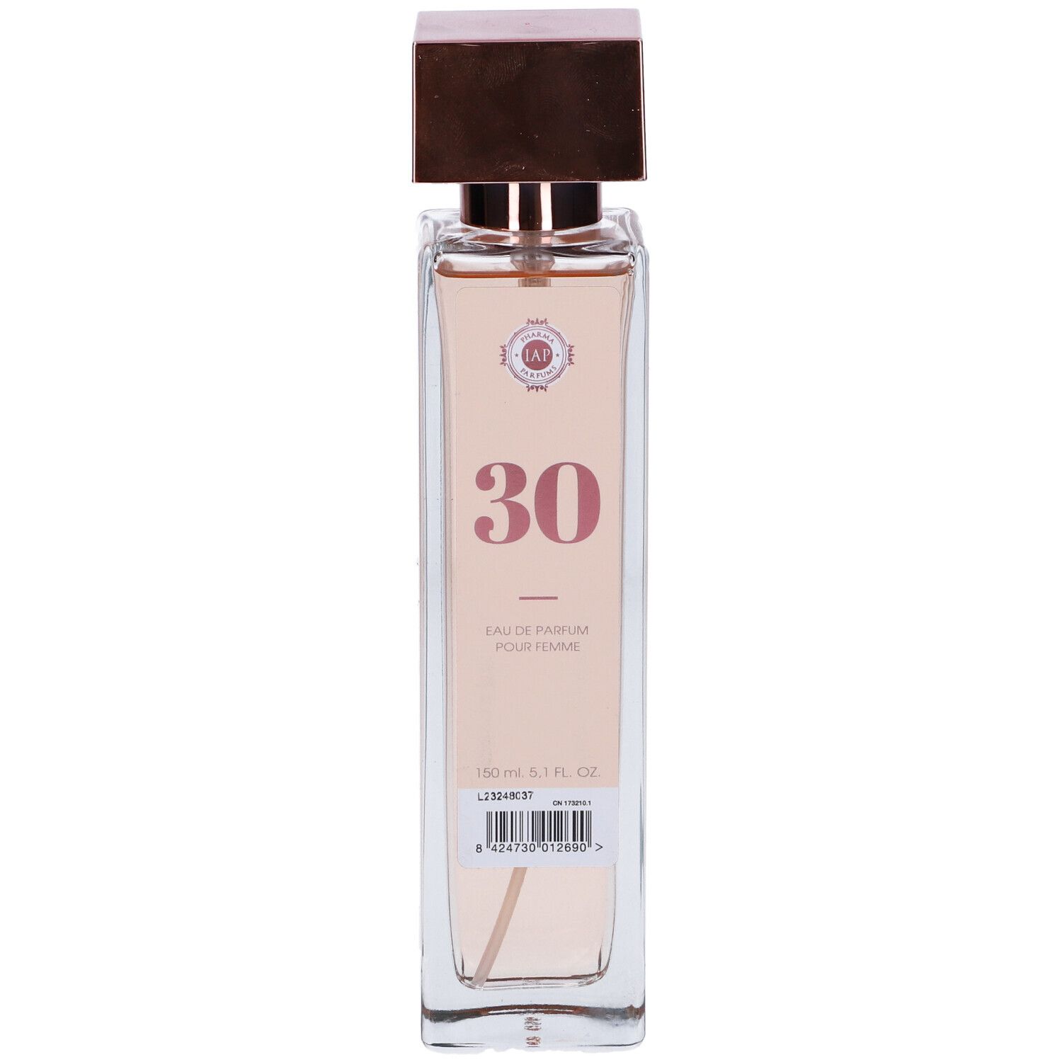 Flacone rettangolare con liquido rosa. Etichetta "30". Tappo marrone. Testo: Eau de Parfum Pour Femme.