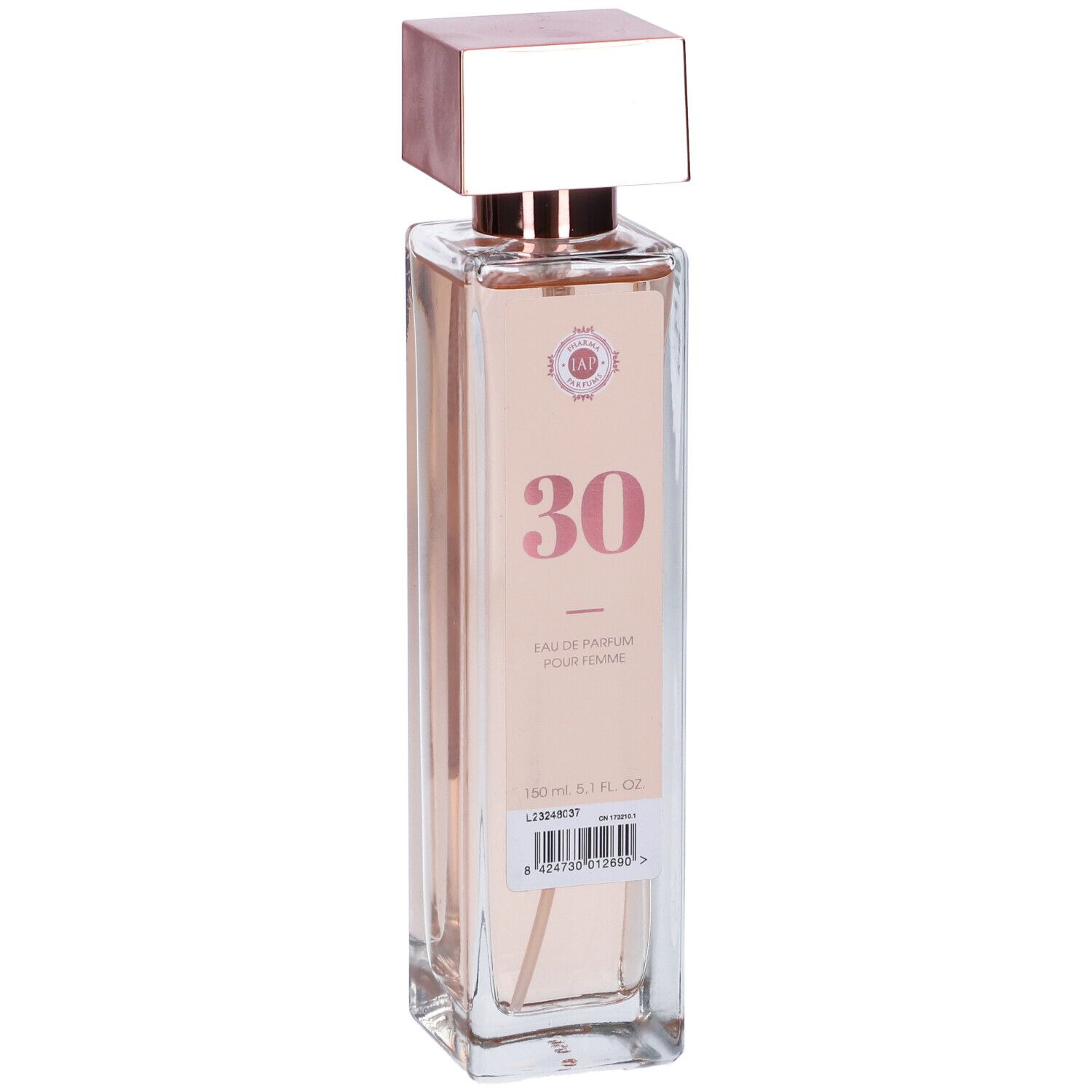 Flacone rettangolare con liquido rosa. Etichetta "30". Tappo marrone. Testo: Eau de Parfum Pour Femme.