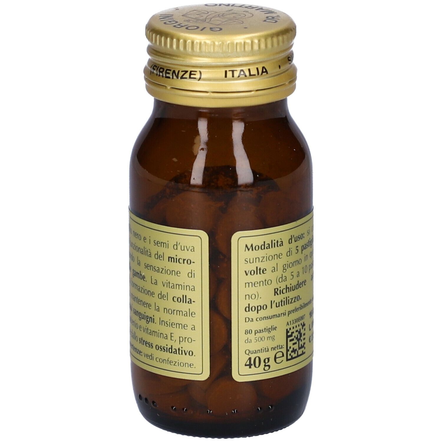 Flacone di vetro marrone con tappo dorato. Etichetta con nome del prodotto e testo. Contiene compresse.