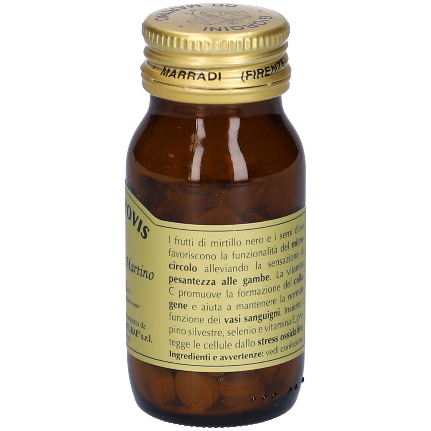 Flacone di vetro marrone con tappo dorato. Etichetta con nome del prodotto e testo. Contiene compresse.