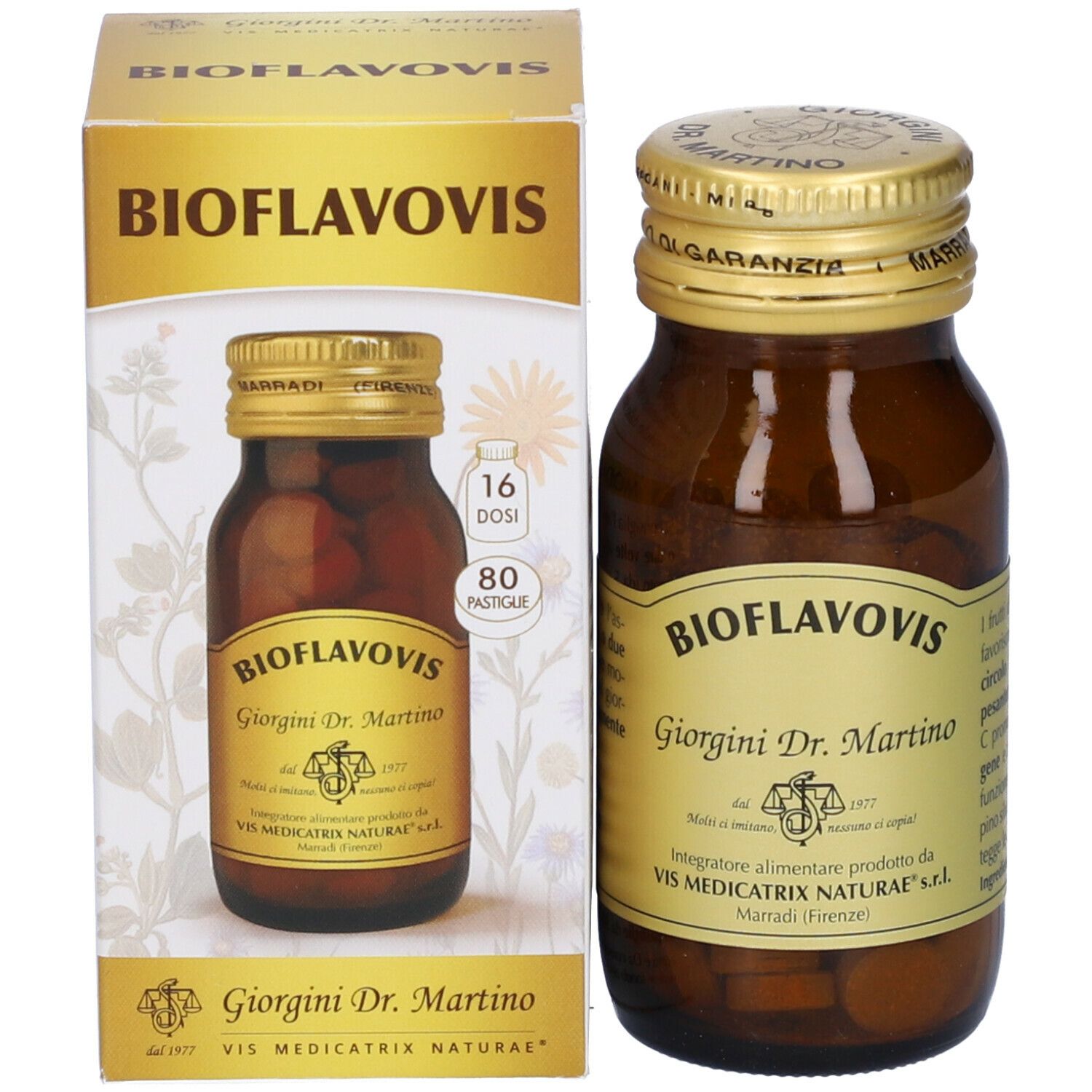 Flacone e confezione del prodotto. Flacone marrone con tappo dorato ed etichetta. Scatola con nome prodotto.