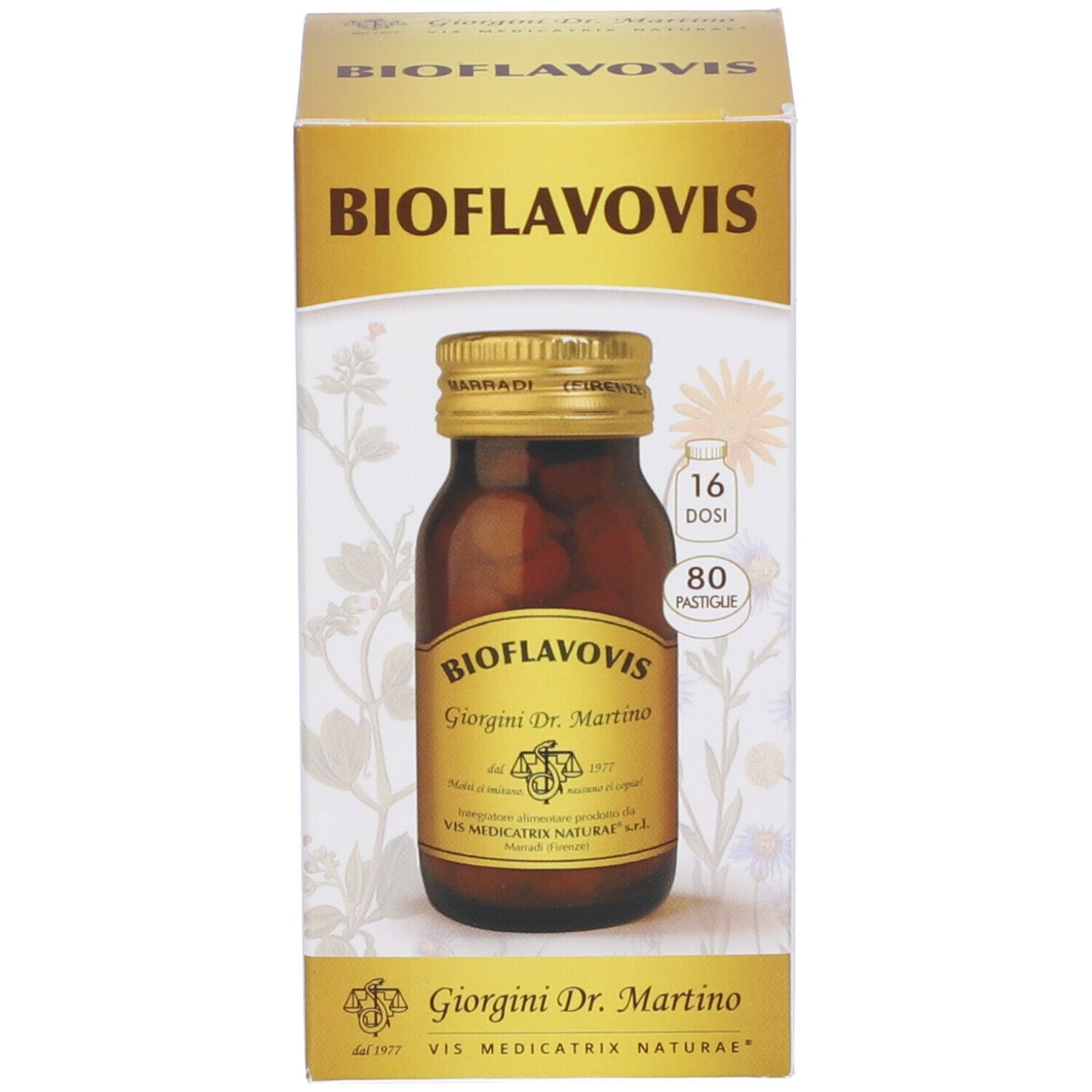 Flacone e confezione del prodotto. Flacone marrone con tappo dorato ed etichetta. Scatola con nome prodotto.