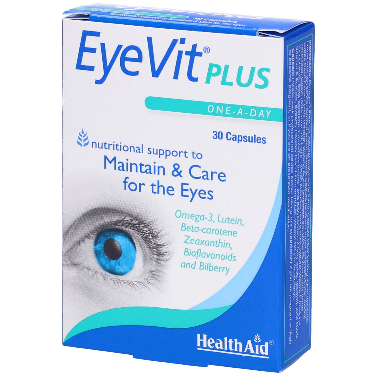 Scatola EyeVit Plus, leggermente angolata. Scritta: 30 capsule, One-A-Day. Contiene Omega-3, Luteina, Beta-carotene, Zeaxantina, Bioflavonoidi e Mirtillo.