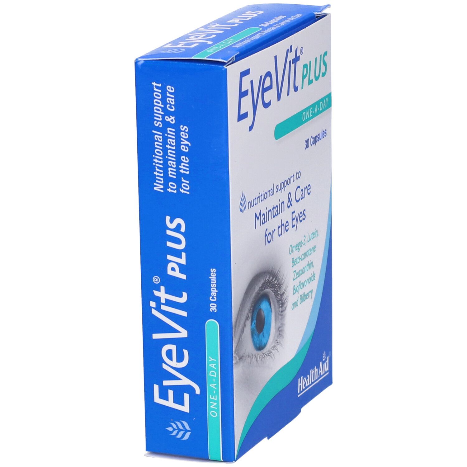 Scatola EyeVit Plus, leggermente angolata. Scritta: 30 capsule, One-A-Day. Contiene Omega-3, Luteina, Beta-carotene, Zeaxantina, Bioflavonoidi e Mirtillo.