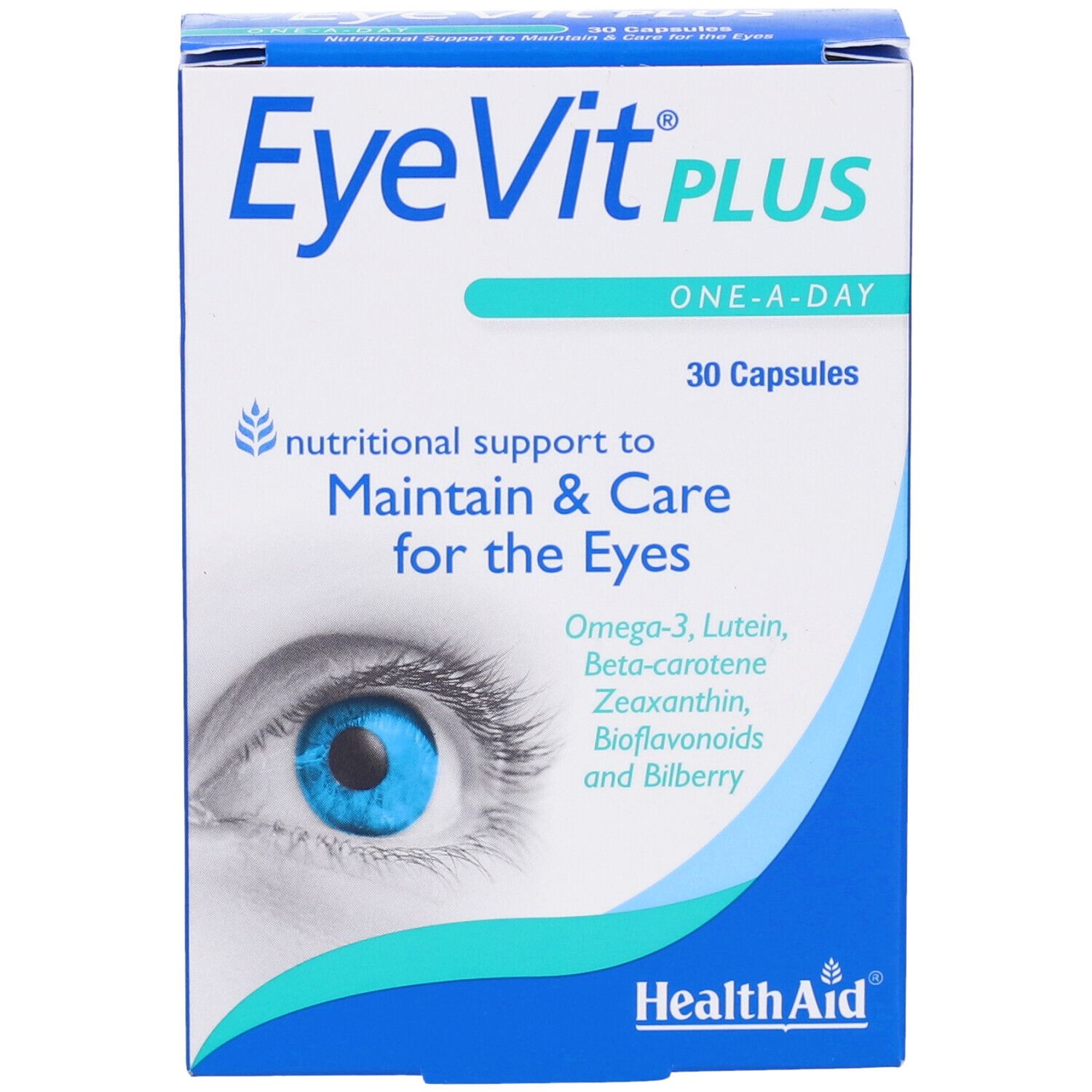 Scatola EyeVit Plus. Scritta: 30 capsule, One-A-Day. Contiene Omega-3, Luteina, Beta-carotene, Zeaxantina, Bioflavonoidi e Mirtillo.