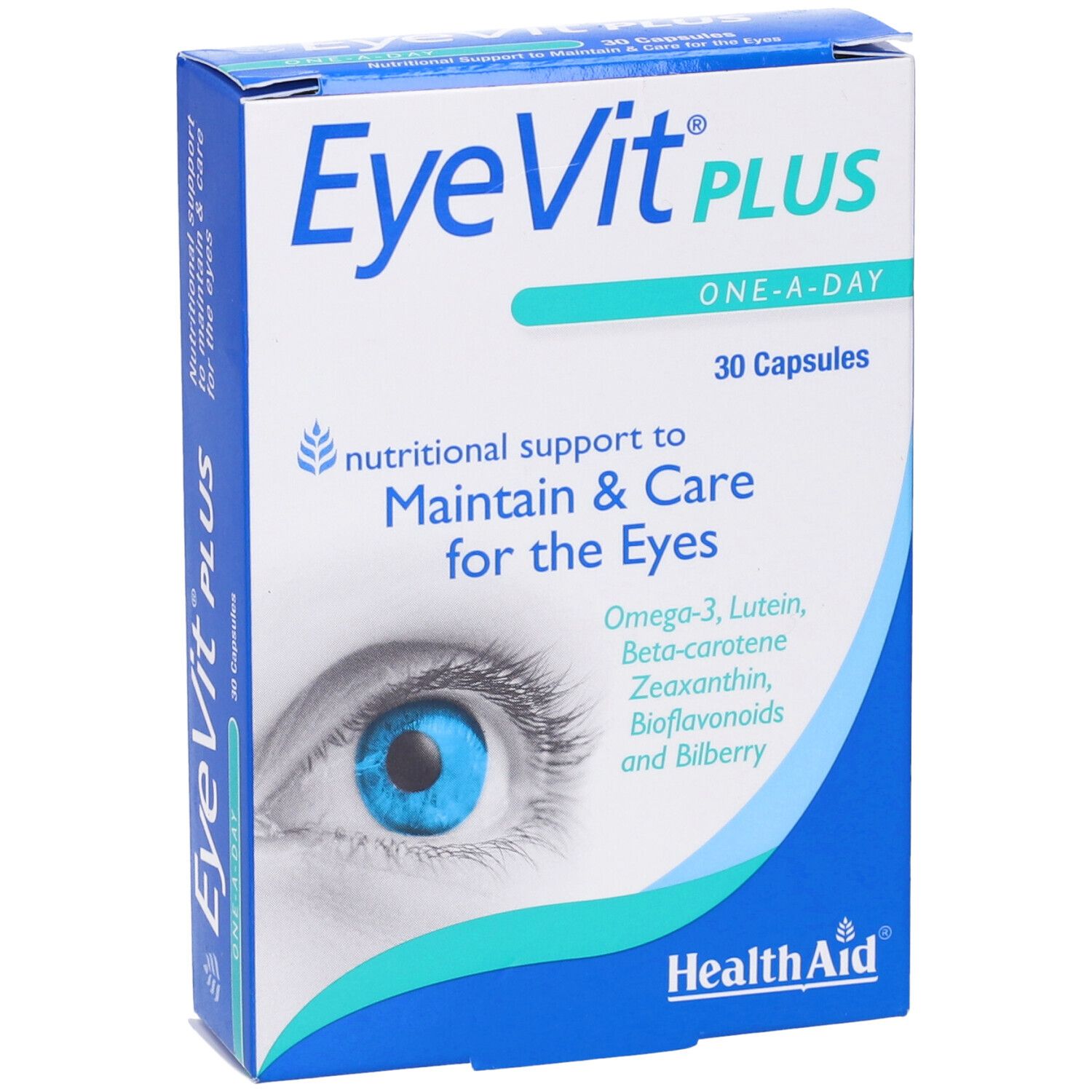 Scatola EyeVit Plus. Scritta: 30 capsule, One-A-Day. Contiene Omega-3, Luteina, Beta-carotene, Zeaxantina, Bioflavonoidi e Mirtillo.