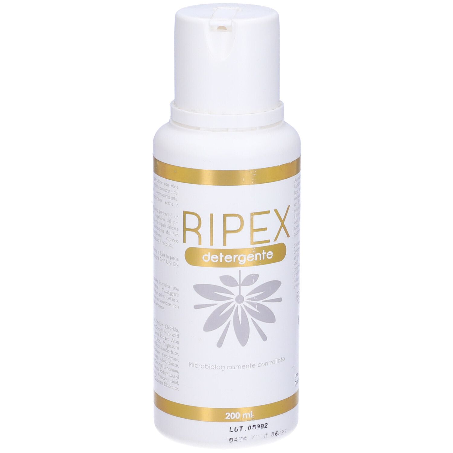 Flacone bianco con tappo a ribalta. Scritta Ripex detergente e logo. Sotto 200 ml.