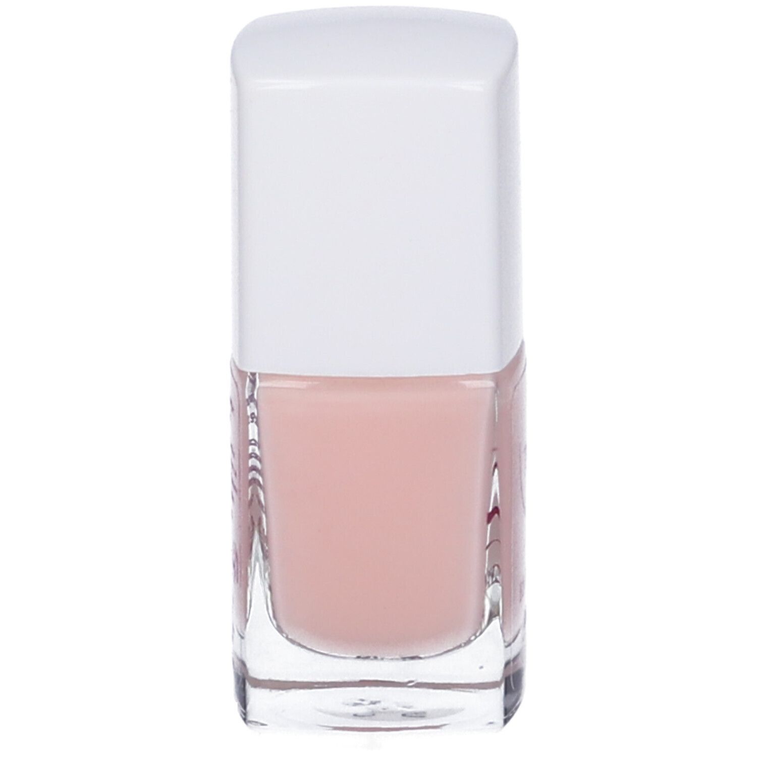 Base per unghie in bottiglia di vetro con tappo bianco. Liquido rosa visibile.