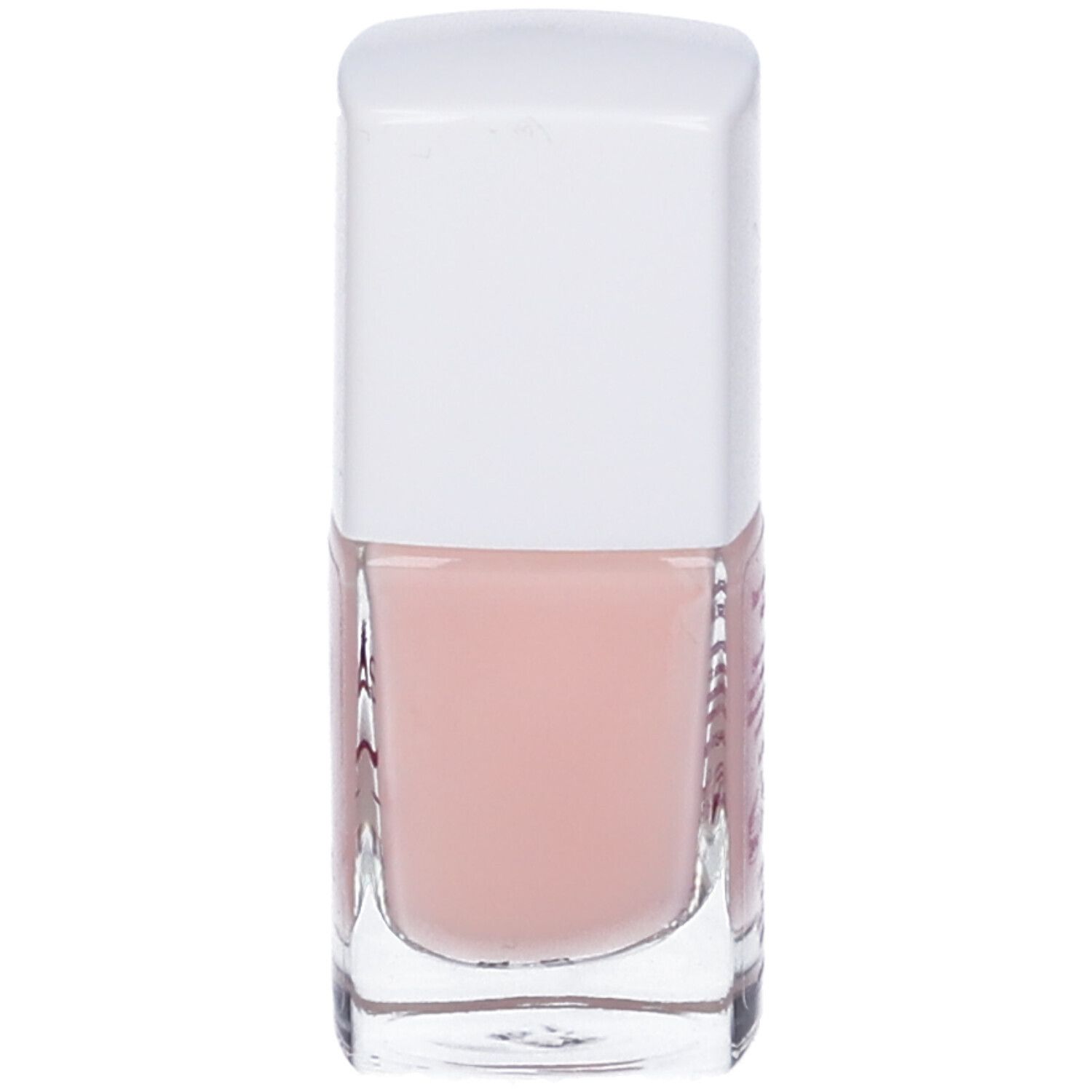 Base per unghie in bottiglia di vetro con tappo bianco. Liquido rosa visibile.