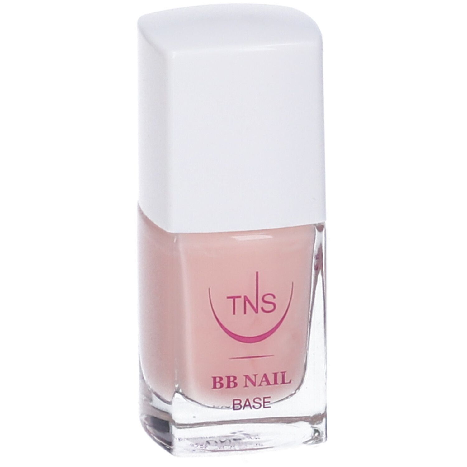 Base per unghie in bottiglia di vetro con tappo bianco. Liquido rosa visibile. Scritta: TNS, BB NAIL BASE.