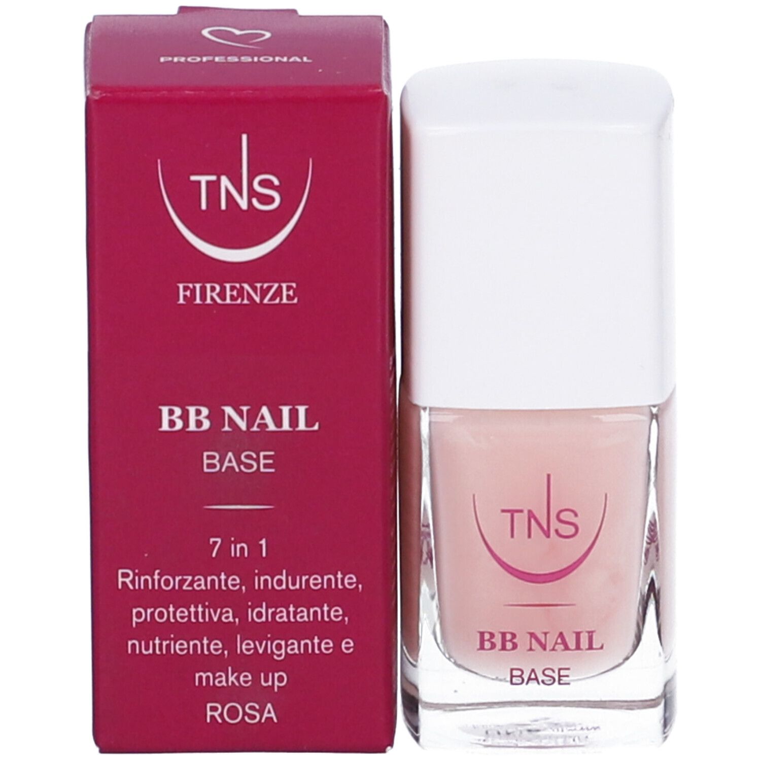 Base per unghie con confezione. Flacone con tappo bianco e liquido rosa. Scritta: TNS, BB NAIL BASE. Scatola rosa.