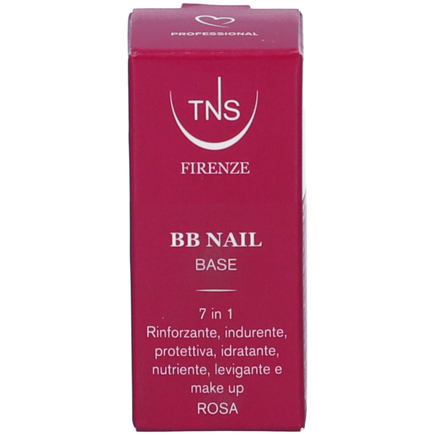 Scatola rosa con testo. Scritta: TNS, FIRENZE, BB NAIL BASE. Contiene informazioni su ingredienti e proprietà.
