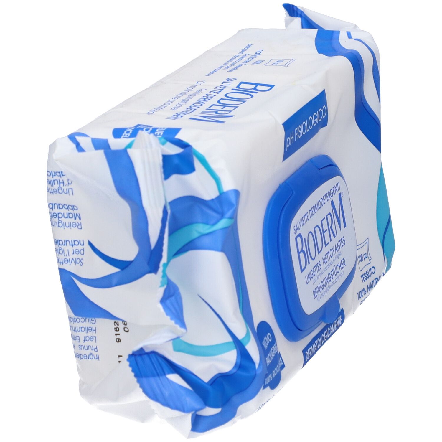 Confezione con elementi blu. Scritta: BIODERM, Salviette Dermodetergenti, pH fisiologico. Dermatologicamente testato. 100 pezzi. Ingredienti sul retro.