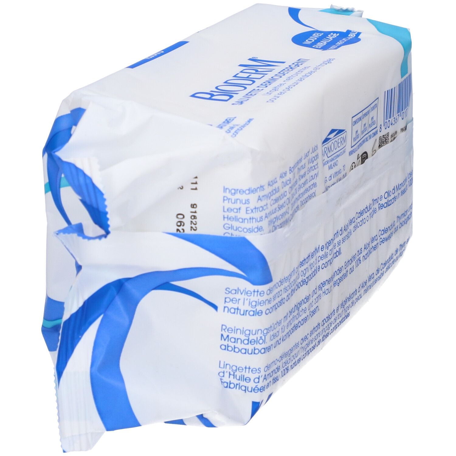 Confezione con elementi blu. Scritta: BIODERM, Salviette Dermodetergenti, pH fisiologico. Dermatologicamente testato. 100 pezzi. Ingredienti sul retro.