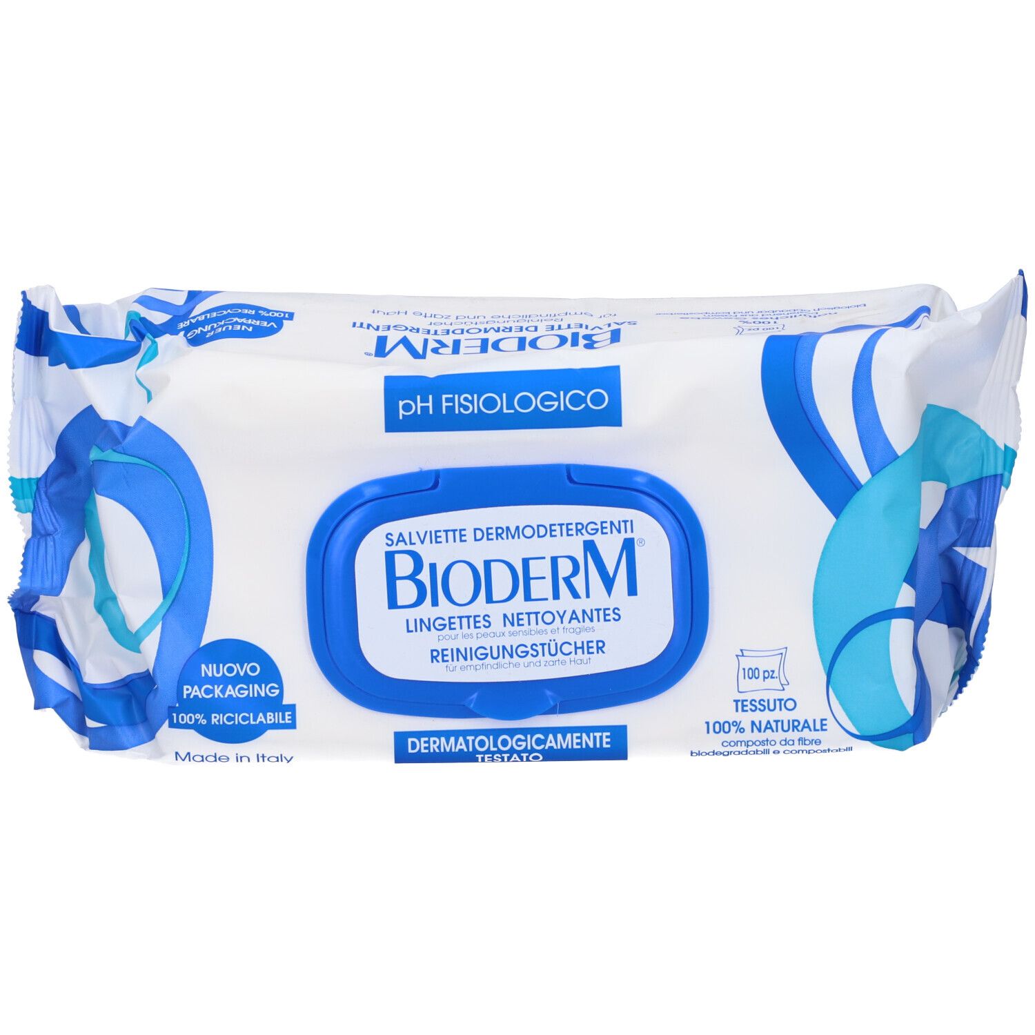 Confezione bianca con elementi blu. Scritta: BIODERM, Salviette Dermodetergenti, pH fisiologico. Dermatologicamente testato. 100 pezzi. Riciclabile.