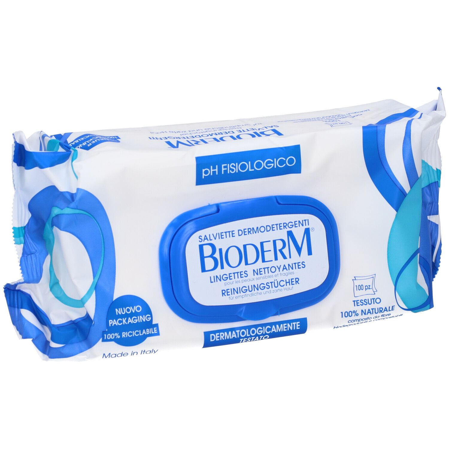 Confezione bianca con elementi blu. Scritta: BIODERM, Salviette Dermodetergenti, pH fisiologico. Dermatologicamente testato. 100 pezzi. Riciclabile.