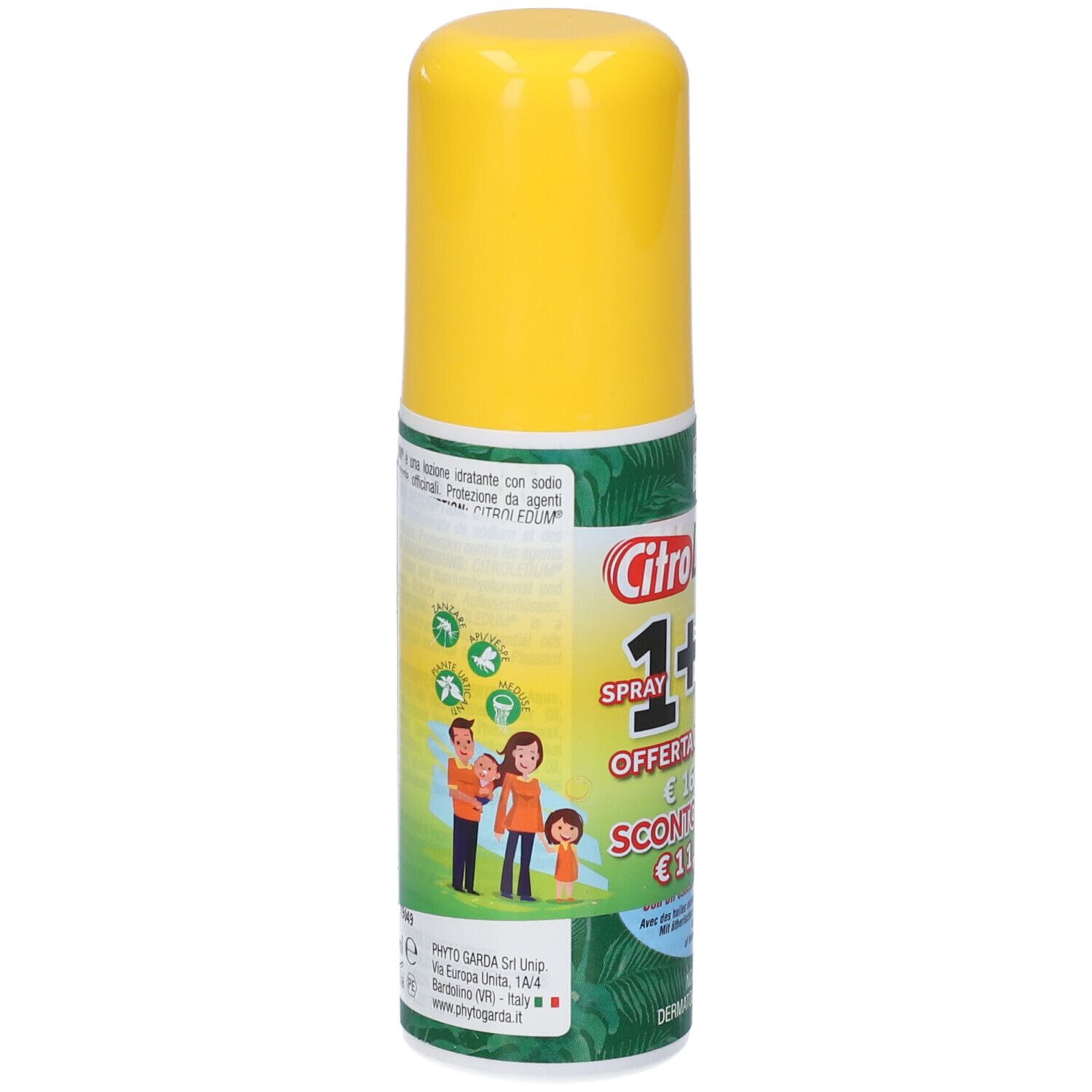 Flacone spray giallo con fascia verde. Scritta: CitroLedum, 1+1, offerta, sconto. Illustrazione di una famiglia. Phyto Garda.
