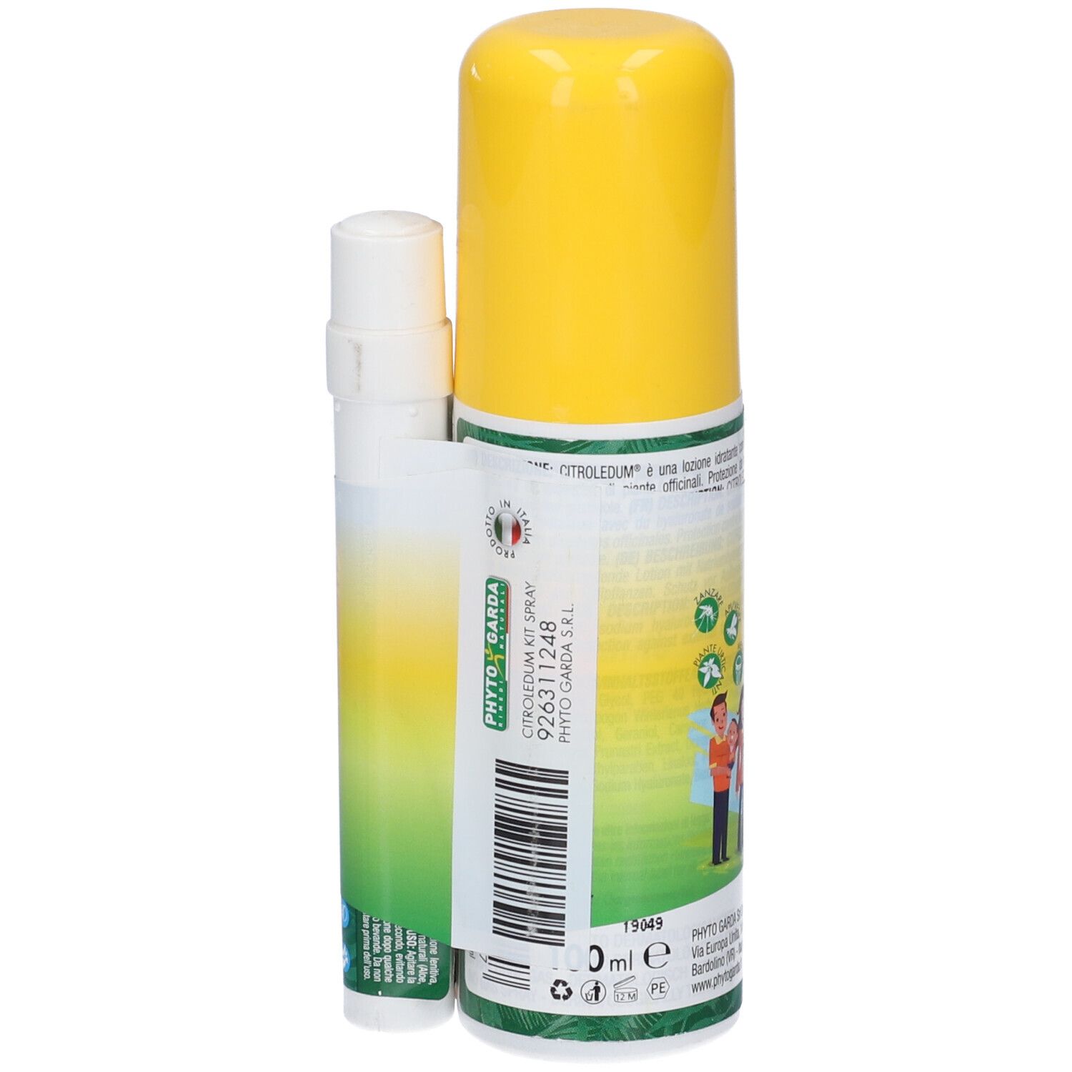 Flacone spray giallo e stick bianco con fascia verde. Scritta: CitroLedum, Phyto Garda. Codice a barre e altre informazioni.