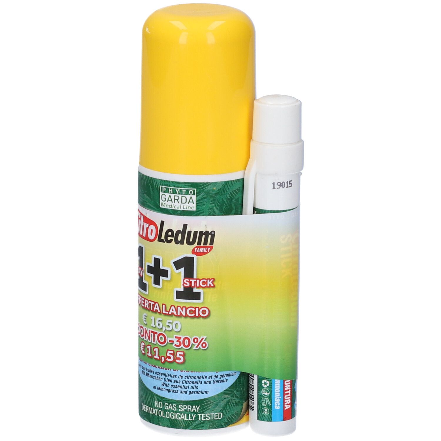 Flacone spray giallo e stick bianco con fascia verde. Scritta: CitroLedum, 1+1, offerta, sconto. Phyto Garda.