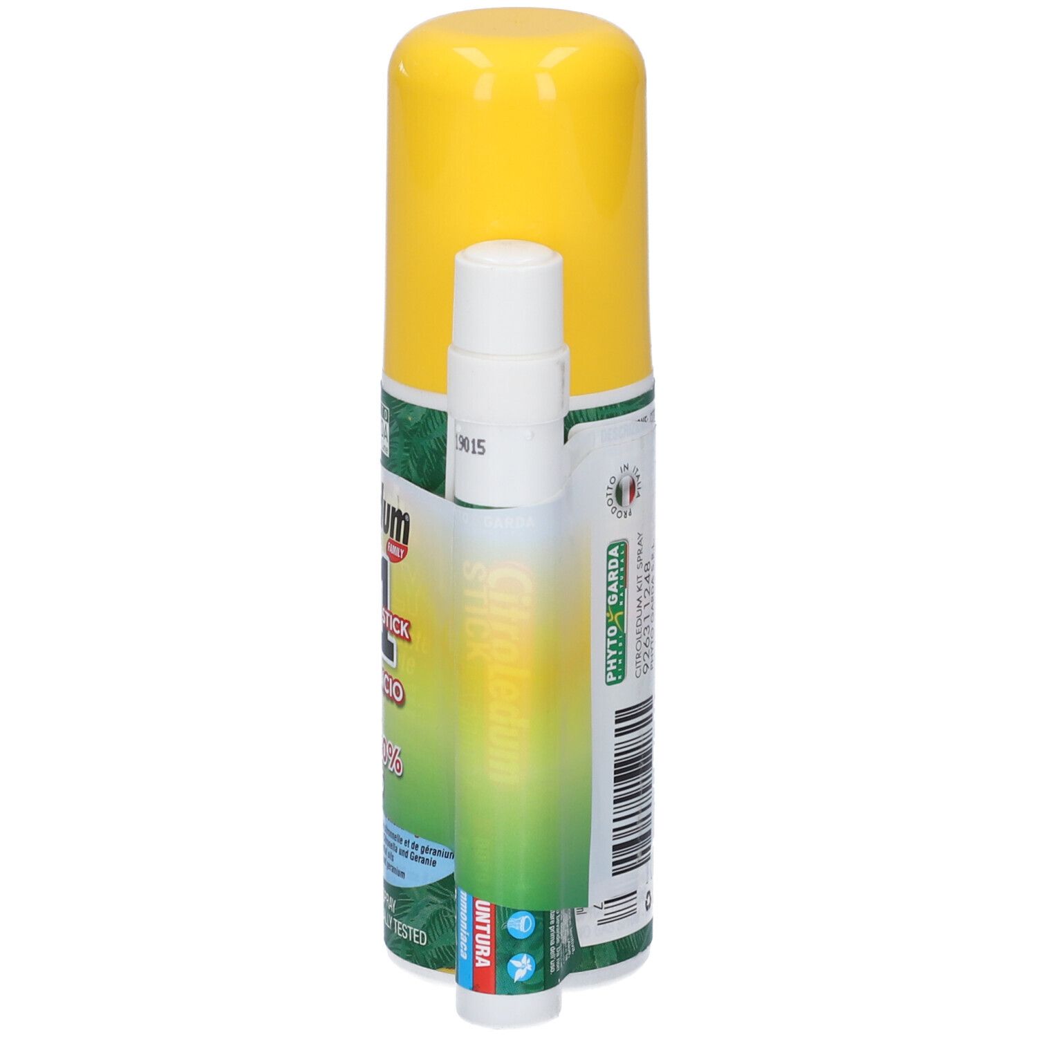 Flacone spray giallo e stick bianco con fascia verde. Scritta: CitroLedum, 1+1, offerta, sconto. Phyto Garda.