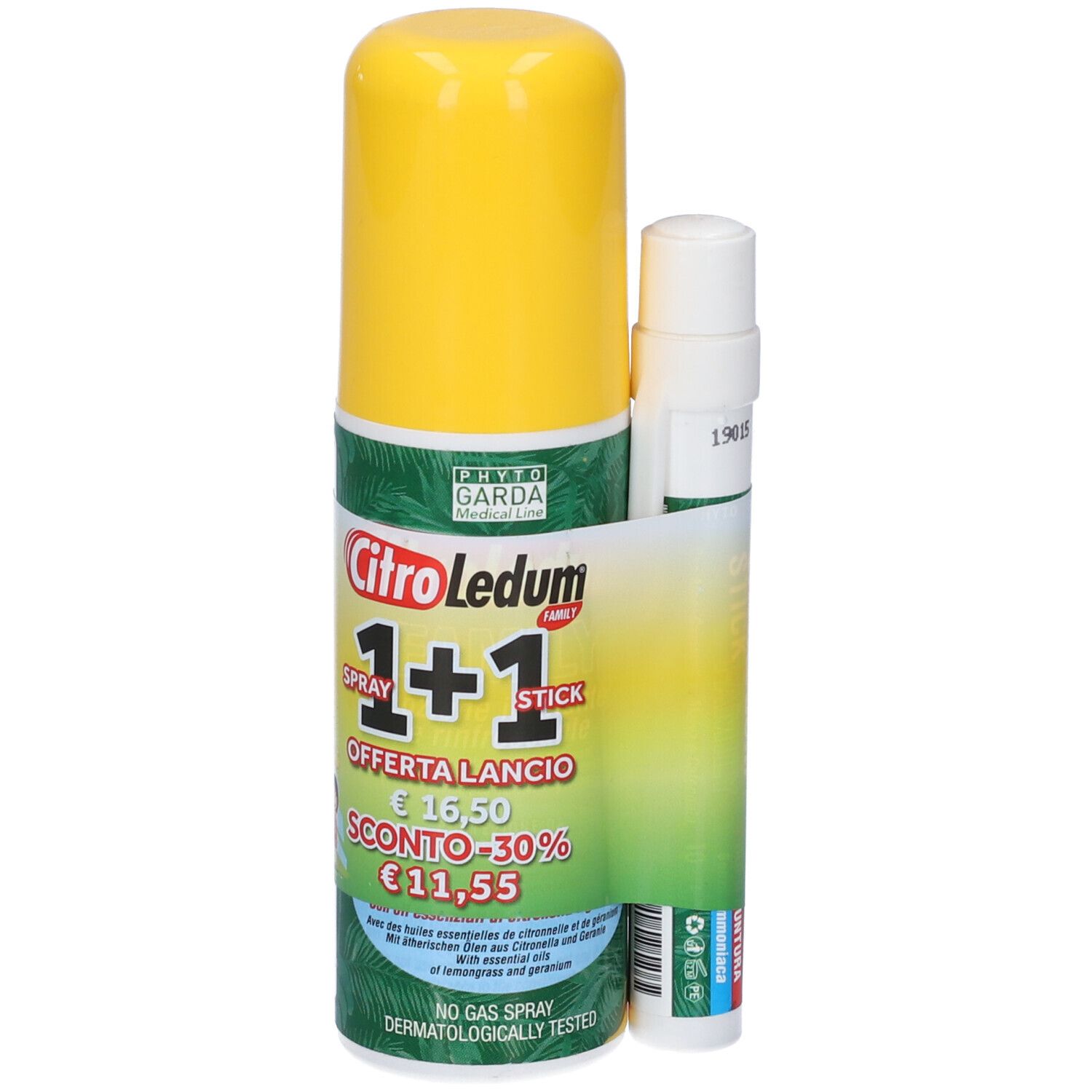 Flacone spray giallo e stick bianco con fascia verde. Scritta: CitroLedum, 1+1, offerta, sconto. Phyto Garda.