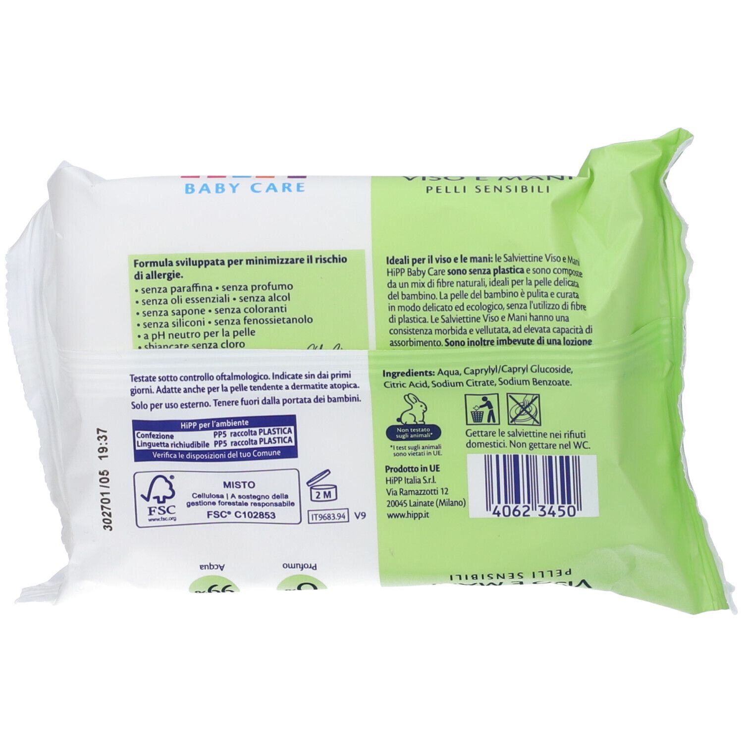 Retro della confezione di salviettine HiPP Baby Care Viso e Mani. Testo in italiano. Confezione verde e bianca.