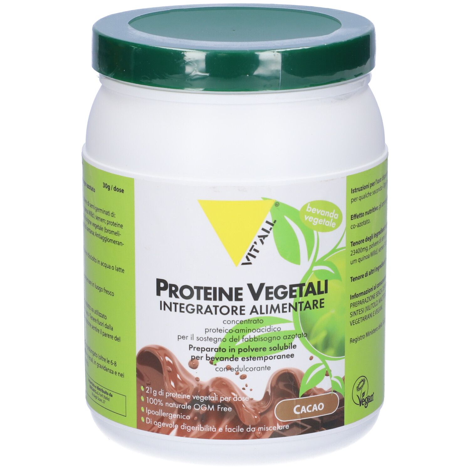 Barattolo bianco con coperchio verde. Etichetta con nome del prodotto e gusto cacao. Logo vegano.