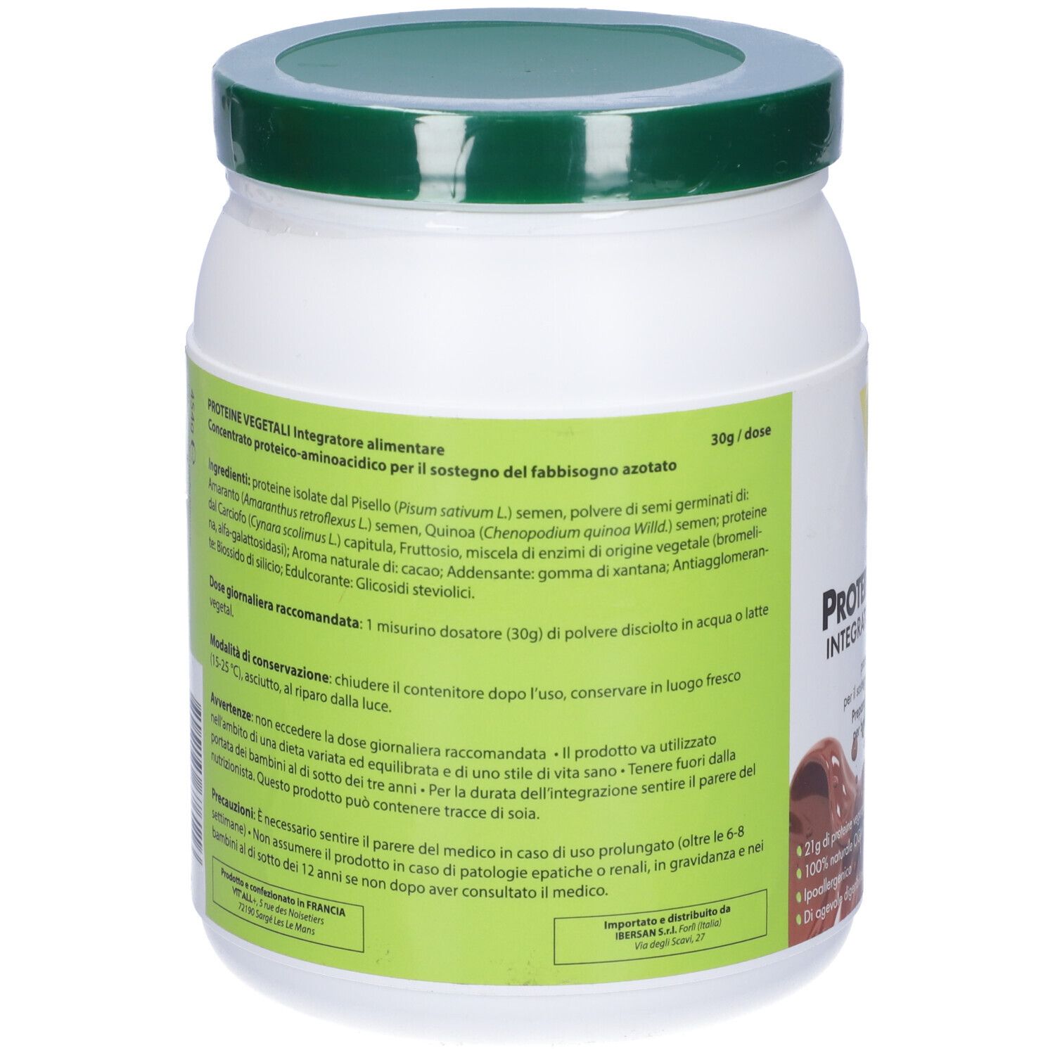 Retro del barattolo bianco con coperchio verde. Testo con ingredienti e istruzioni per l'uso. Logo vegano.