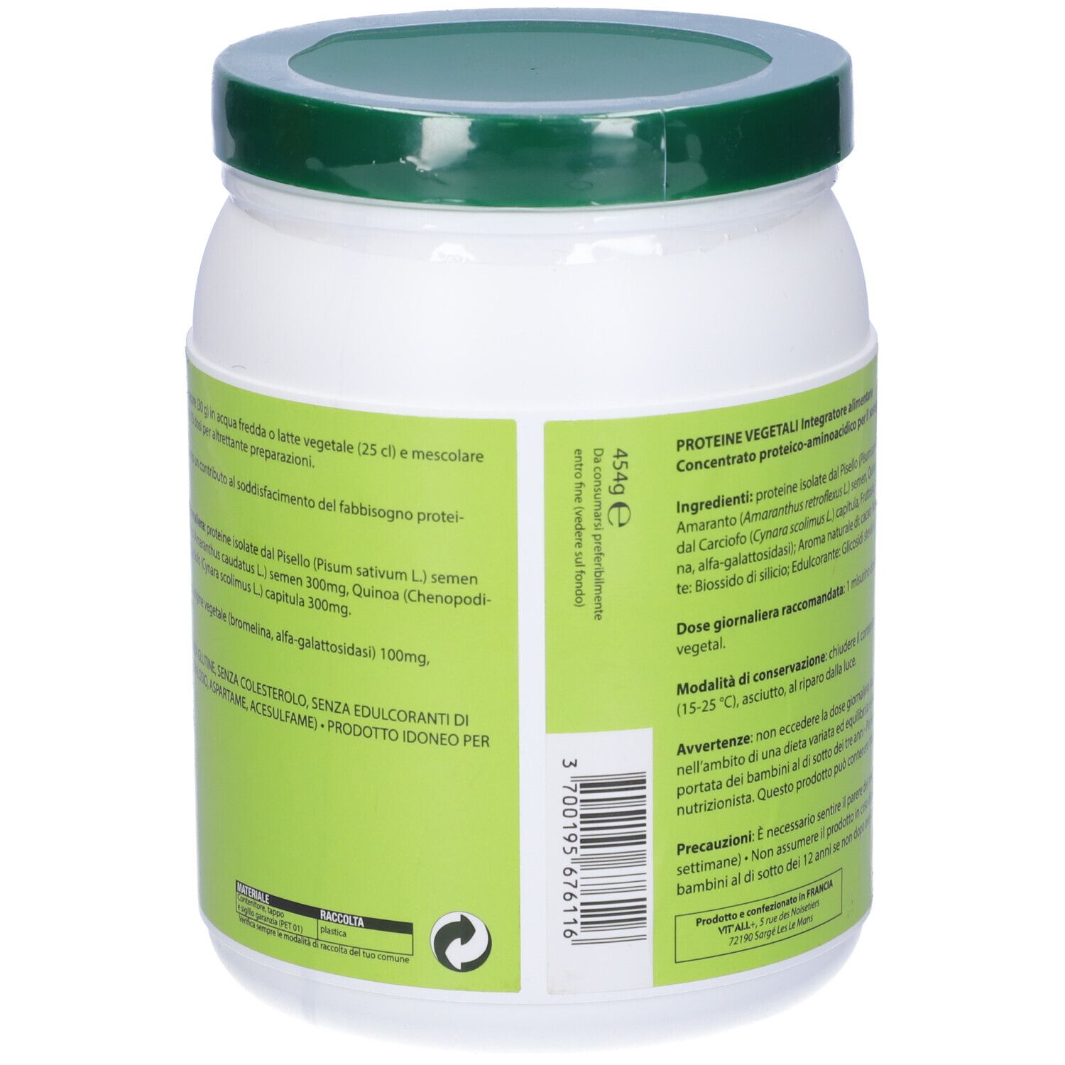 Retro del barattolo bianco con coperchio verde. Testo con ingredienti e istruzioni per l'uso. Logo vegano.