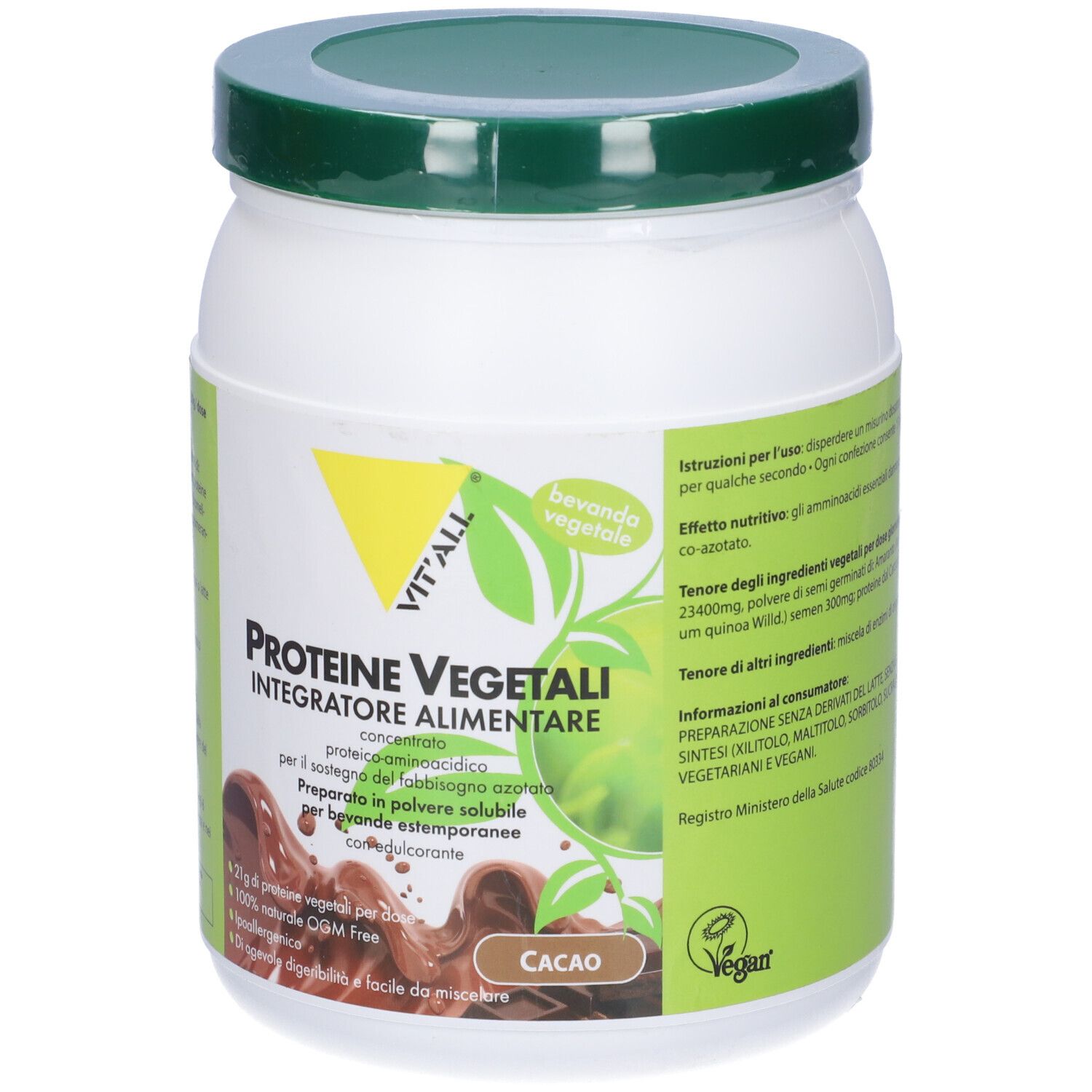 Barattolo bianco con coperchio verde. Etichetta con nome del prodotto e gusto cacao. Logo vegano.